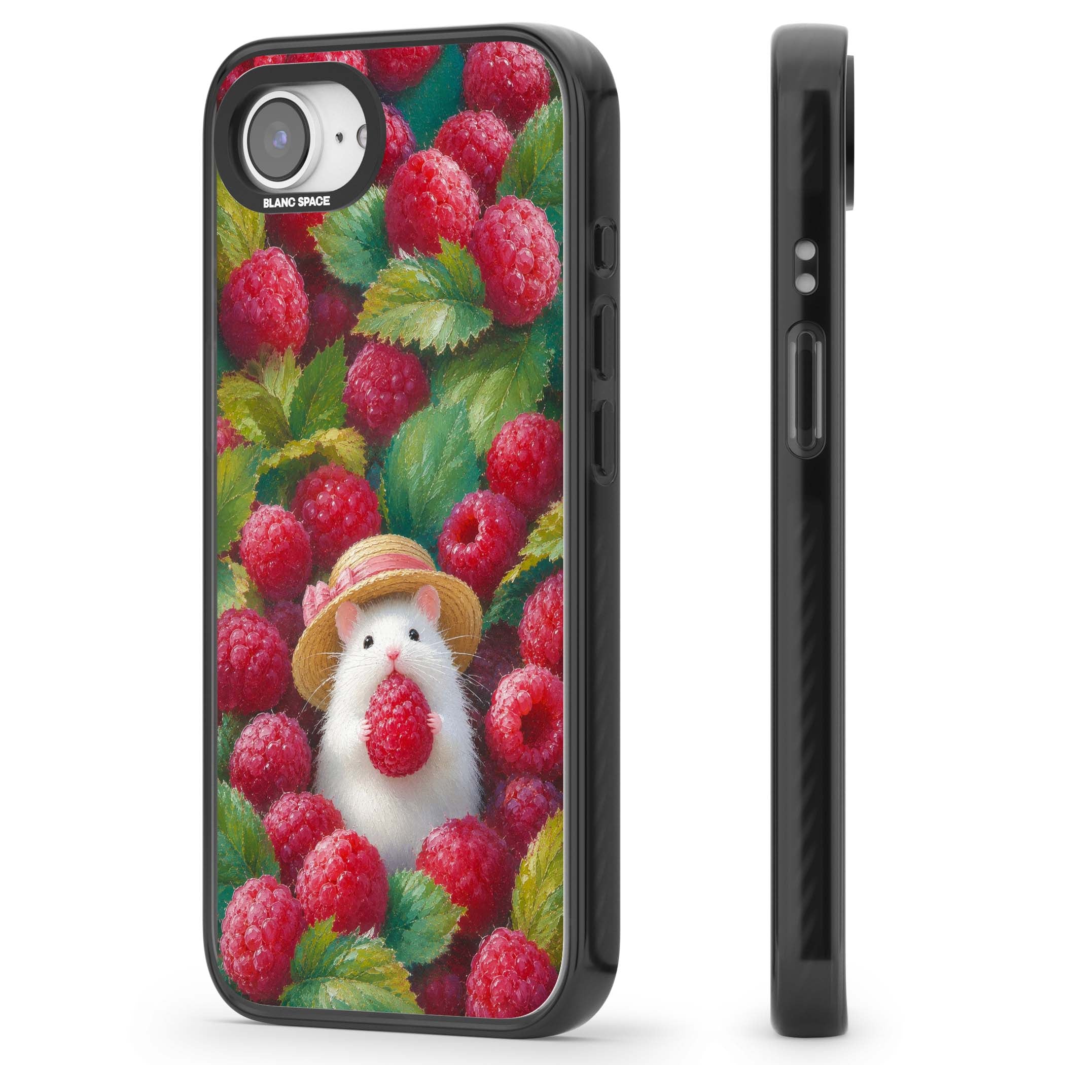 Berry Forager cottagecore iPhone case featuring a white hamster in a straw hat holding a raspberry surrounded by ripe ber | Black Impact Magsafe case for iPhone 16e, iPhone 17e
