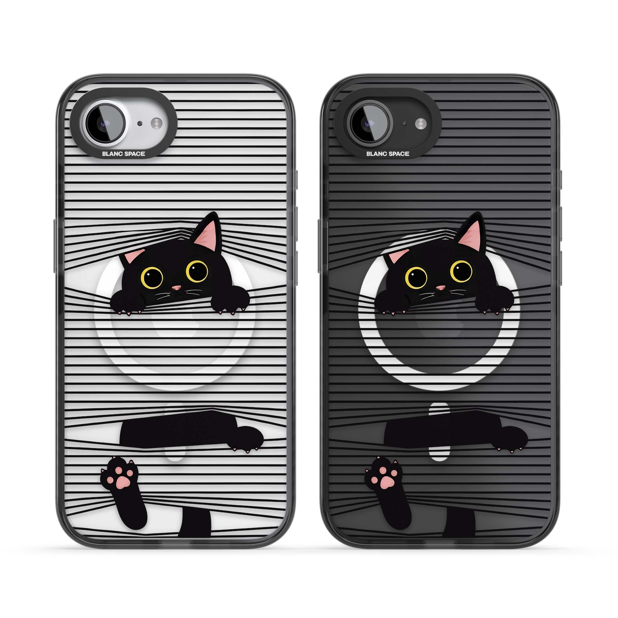 Peek-a-Boo Cat minimal iPhone case featuring black cat peeking through horizontal black and white stripes | Black Impact Magsafe case for iPhone 16e, iPhone 17e