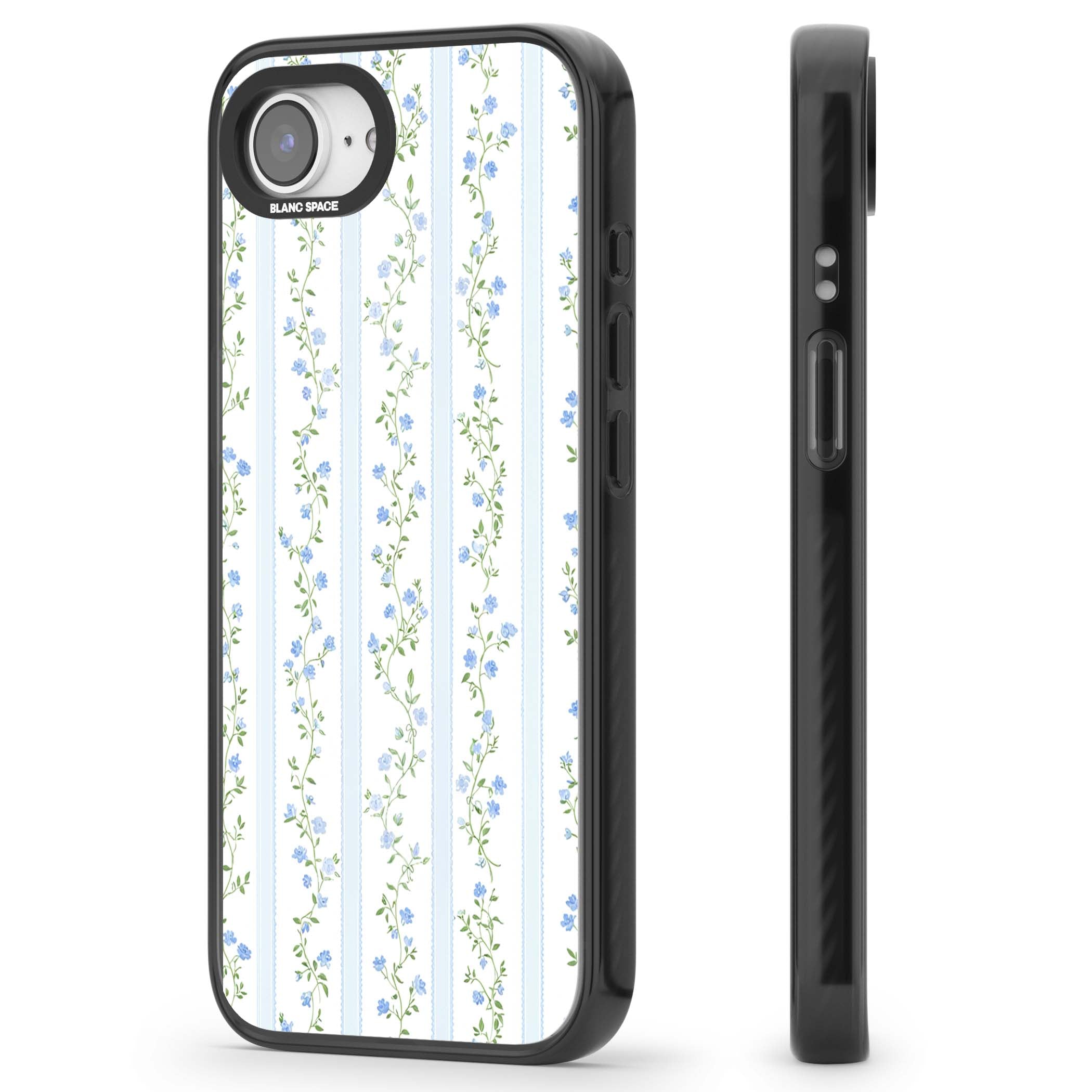 Bluebell Vine cottagecore iPhone case featuring climbing blue roses, trailing green vines, and pale ticking stripes | Black Impact Magsafe case for iPhone 16e, iPhone 17e