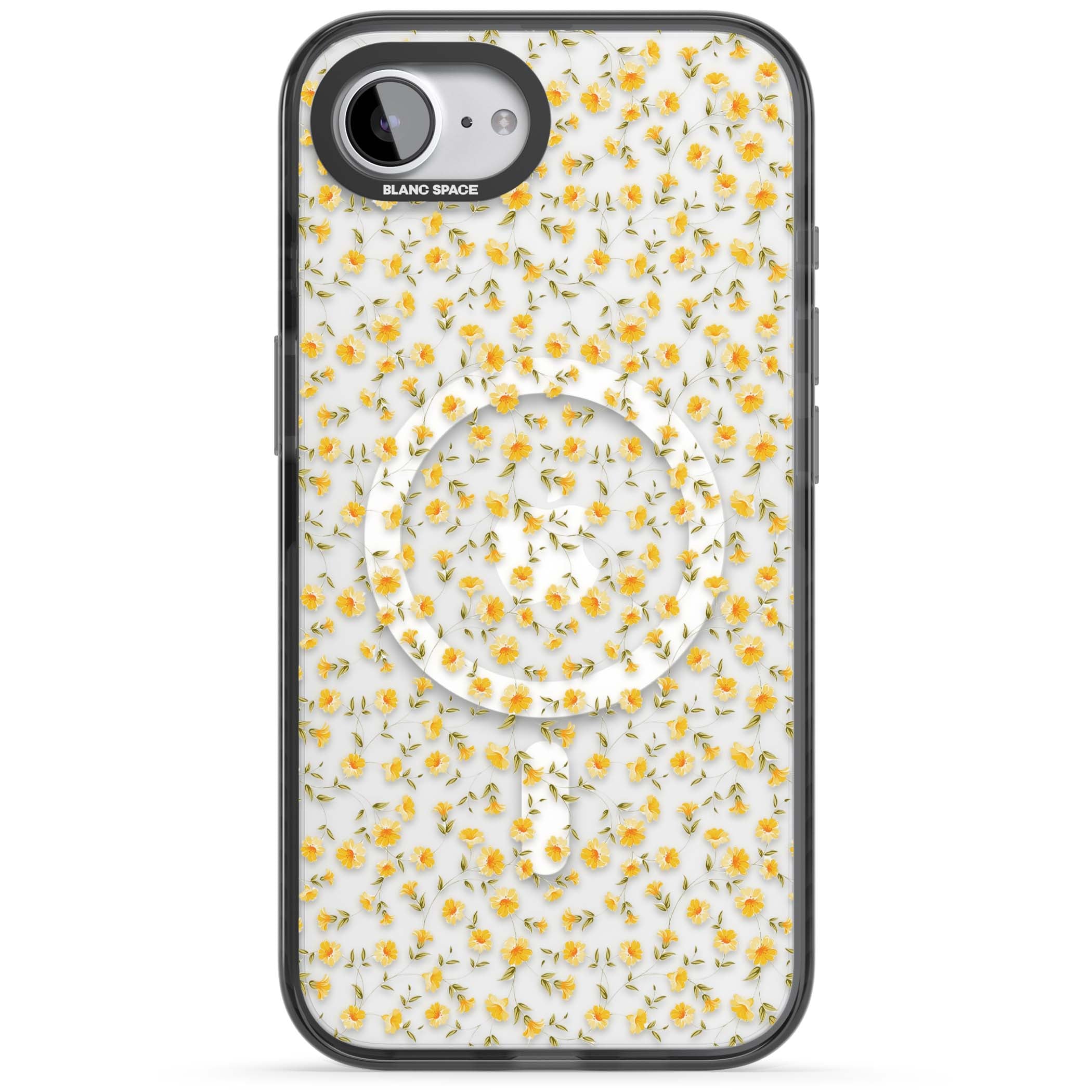Buttercup wildflower iPhone case featuring tiny yellow flowers and trailing green vines on clear | Black Impact Magsafe case for iPhone 16e, iPhone 17e