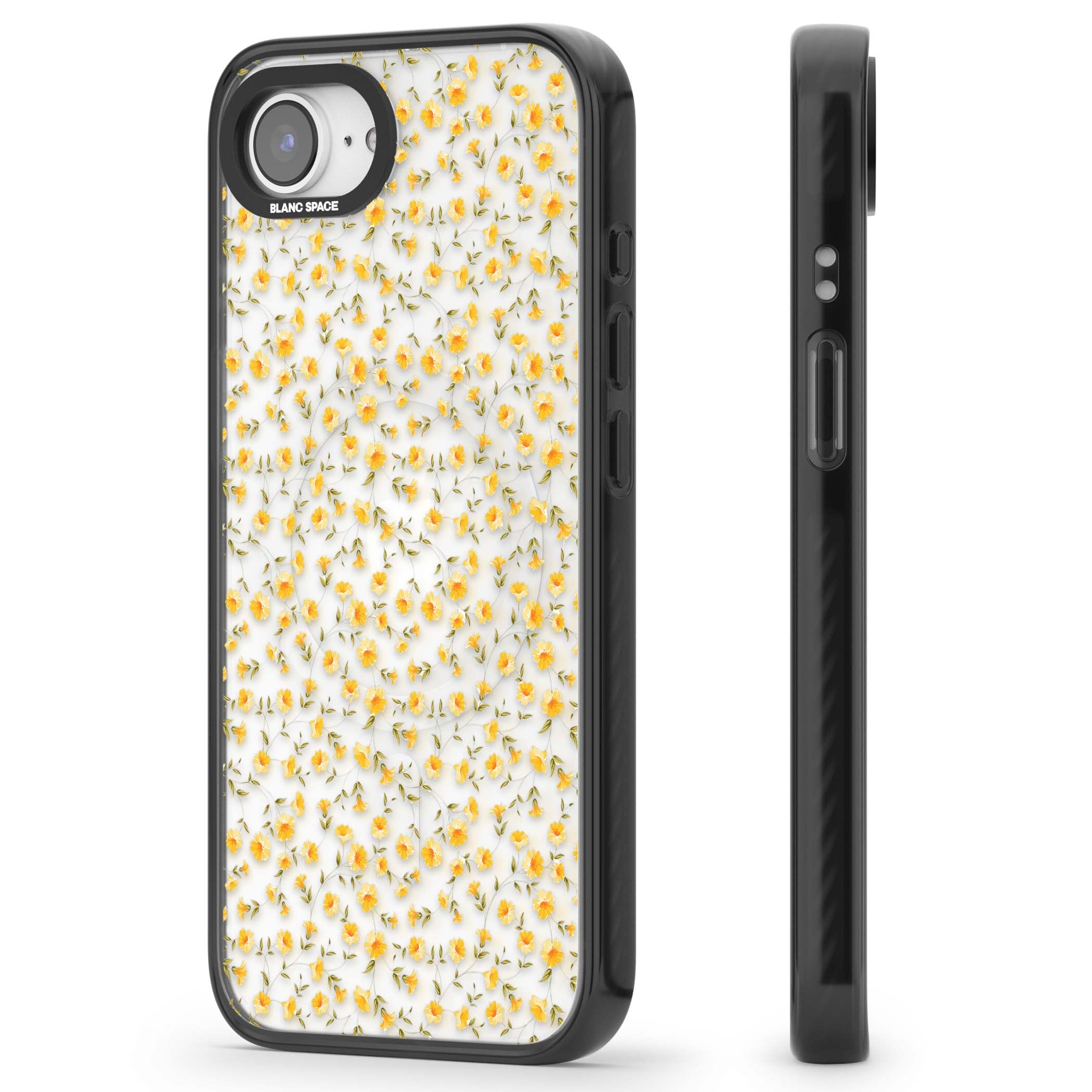 Buttercup wildflower iPhone case featuring tiny yellow flowers and trailing green vines on clear | Black Impact Magsafe case for iPhone 16e, iPhone 17e