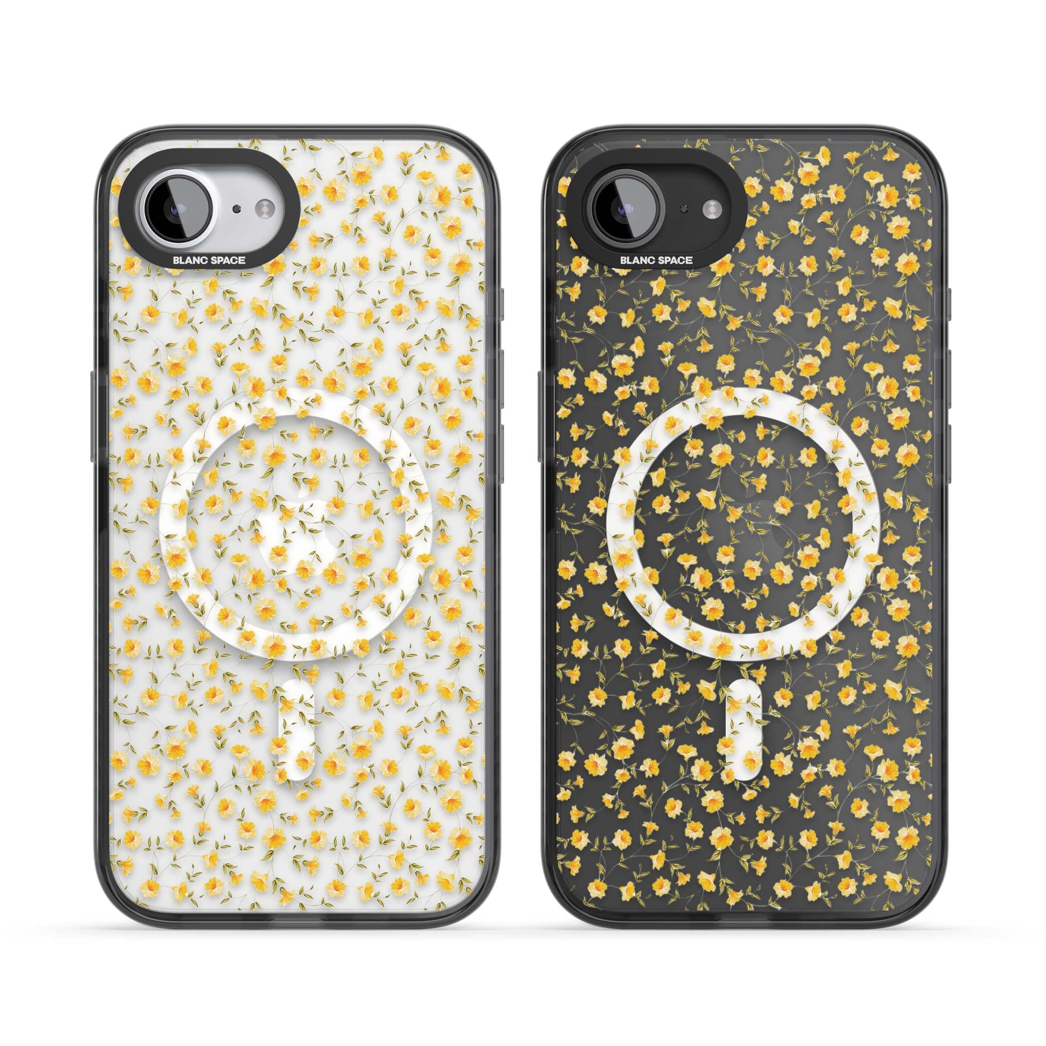 Buttercup wildflower iPhone case featuring tiny yellow flowers and trailing green vines on clear | Black Impact Magsafe case for iPhone 16e, iPhone 17e
