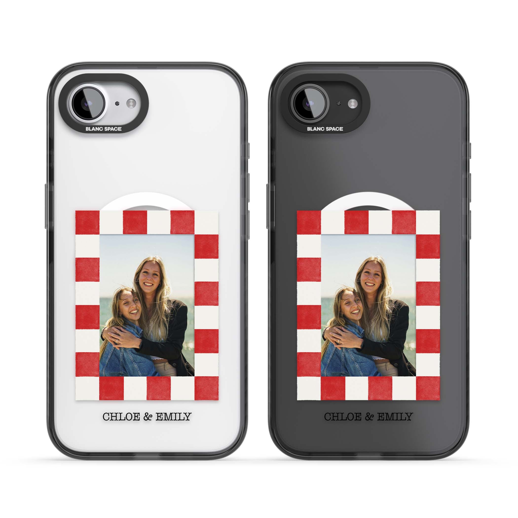 Red Check Photo personalised photo iPhone case with red and white checkered polaroid frame and custom couple name | Black Impact Magsafe case for iPhone 16e, iPhone 17e