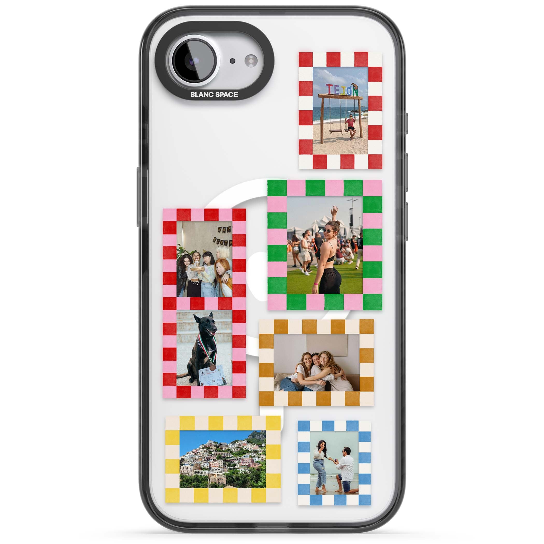 Italian Check Frames custom photo collage iPhone case featuring six checkered photo frames in red, green, pink and  | Black Impact Magsafe case for iPhone 16e, iPhone 17e