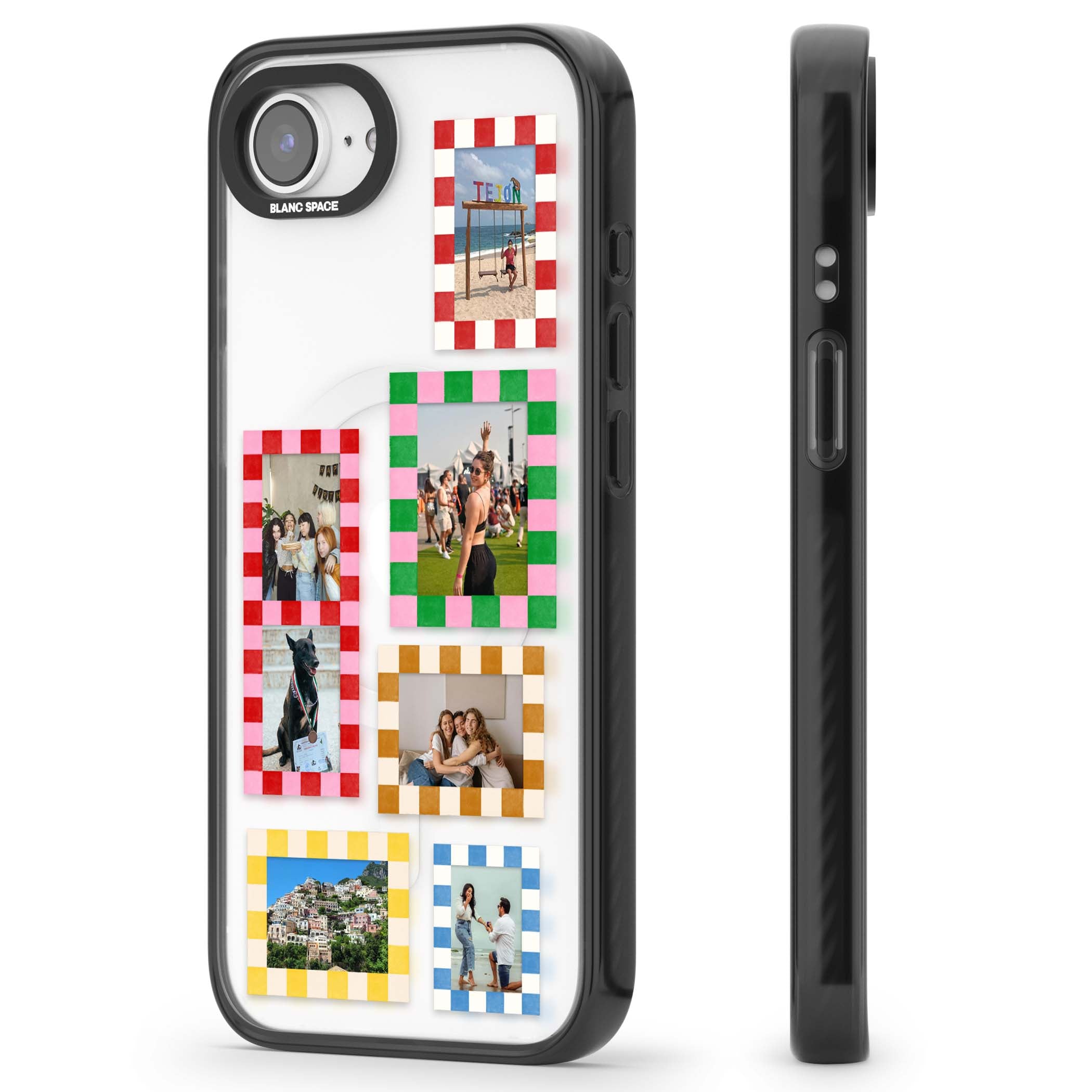 Italian Check Frames custom photo collage iPhone case featuring six checkered photo frames in red, green, pink and  | Black Impact Magsafe case for iPhone 16e, iPhone 17e