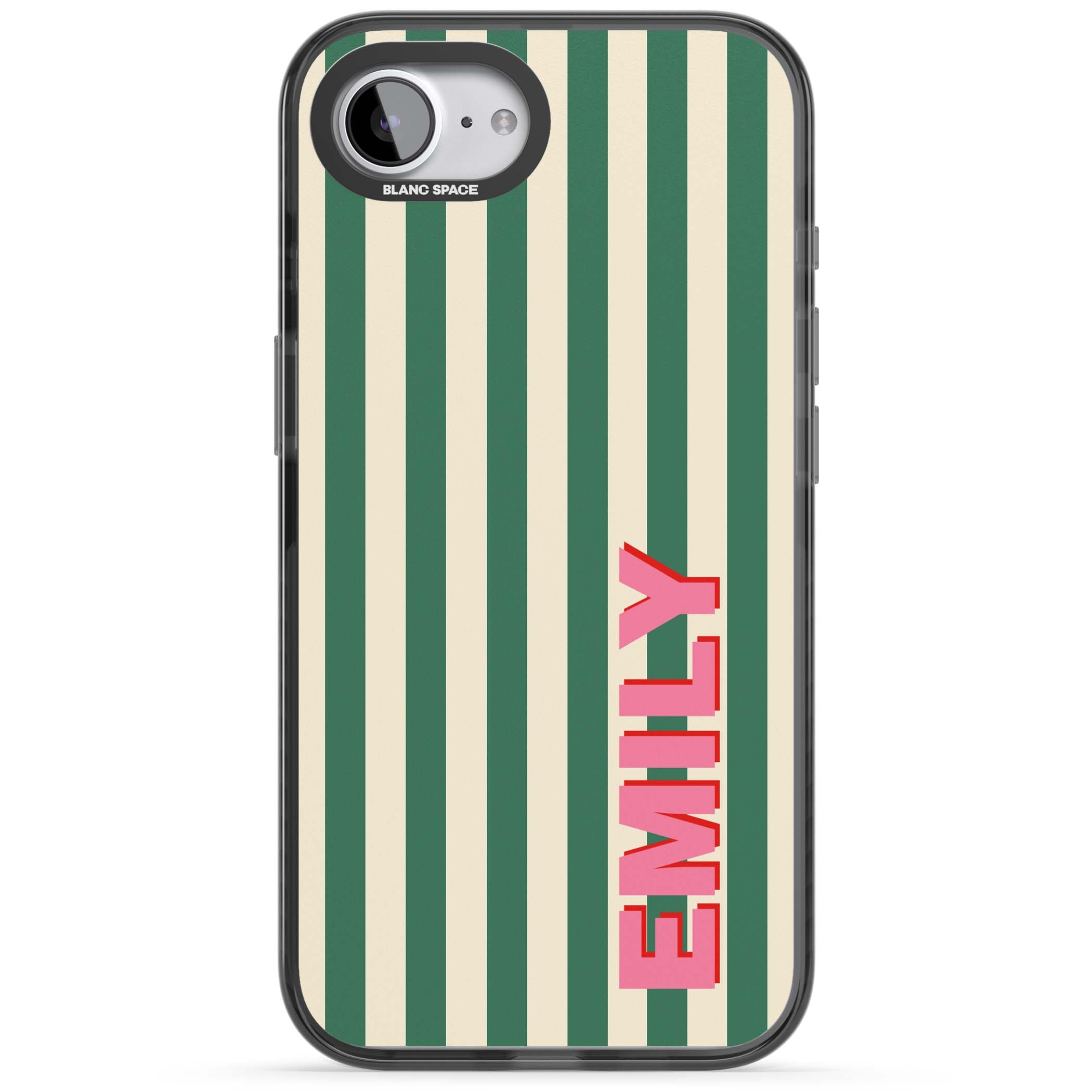 Wimbledon Stripe preppy iPhone case featuring green and cream vertical stripes with a personalised pink name | Black Impact Magsafe case for iPhone 16e, iPhone 17e