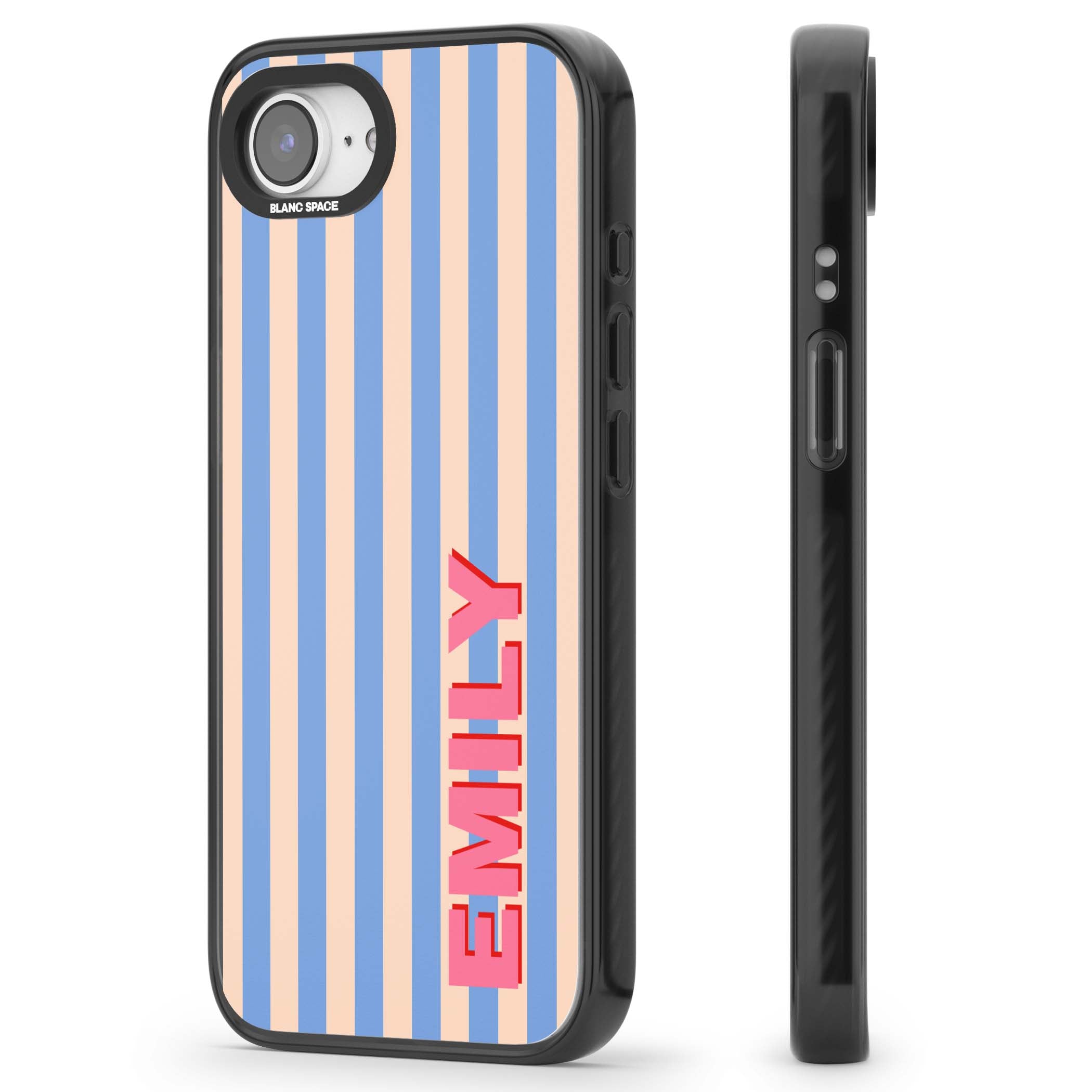 Coastal Stripe personalised coastal iPhone case with blue and peach vertical stripes and custom pink name | Black Impact Magsafe case for iPhone 16e, iPhone 17e