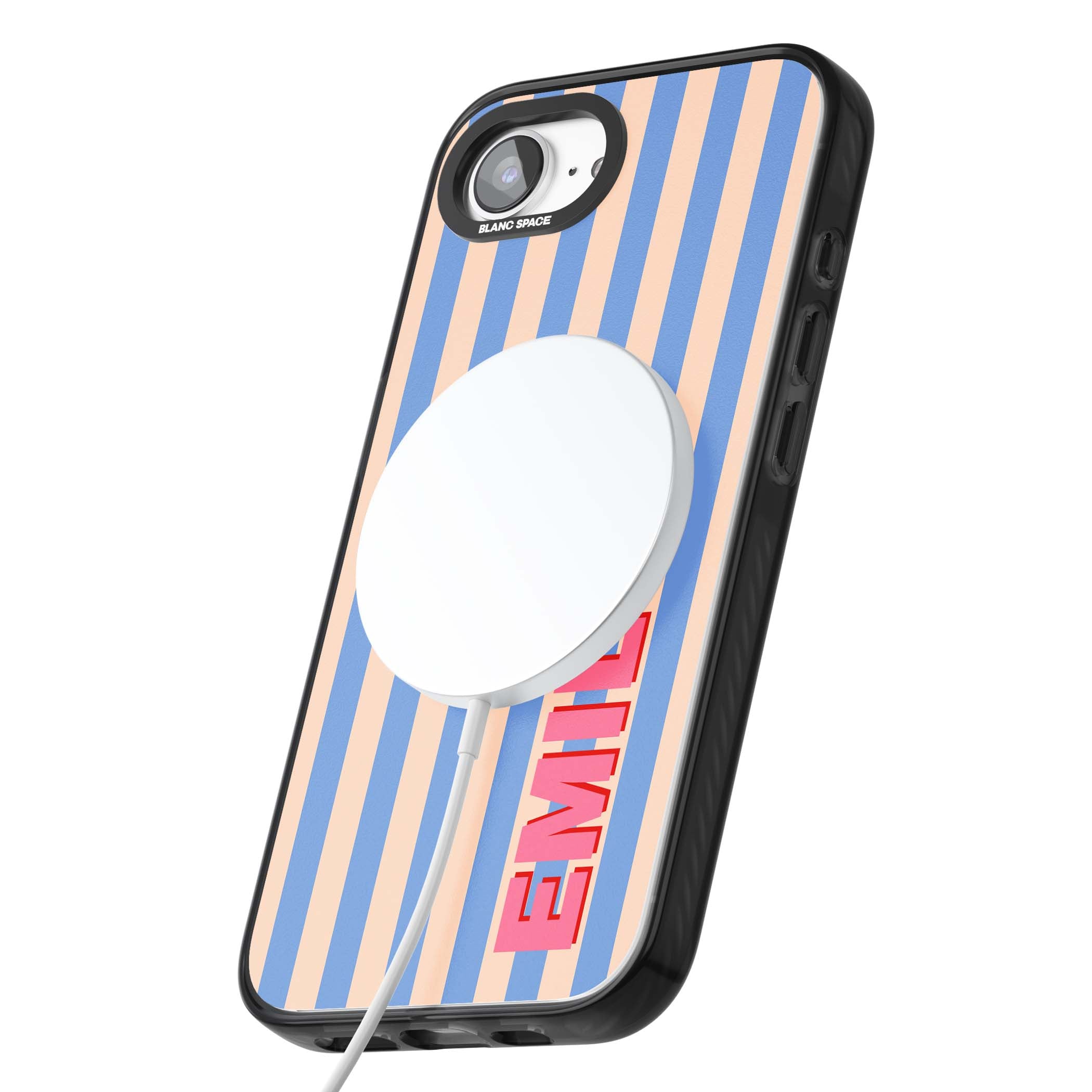 Coastal Stripe personalised coastal iPhone case with blue and peach vertical stripes and custom pink name | Black Impact Magsafe case for iPhone 16e, iPhone 17e
