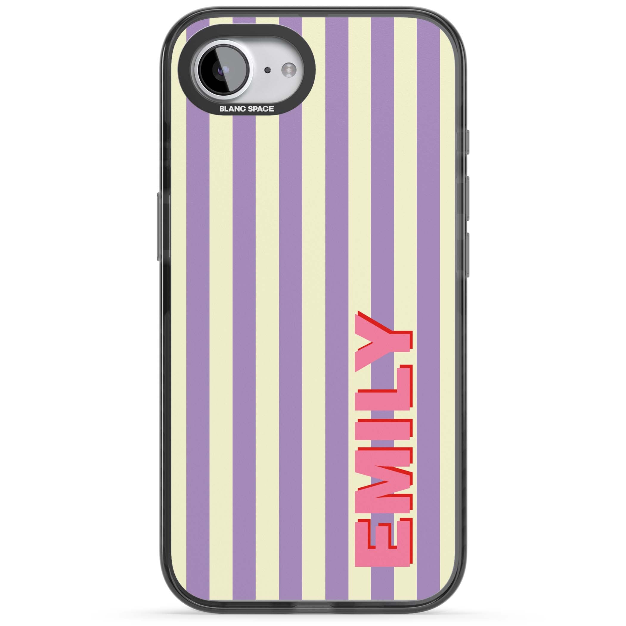 Valensole Stripe personalised iPhone case with purple and cream vertical stripes and pink custom name | Black Impact Magsafe case for iPhone 16e, iPhone 17e