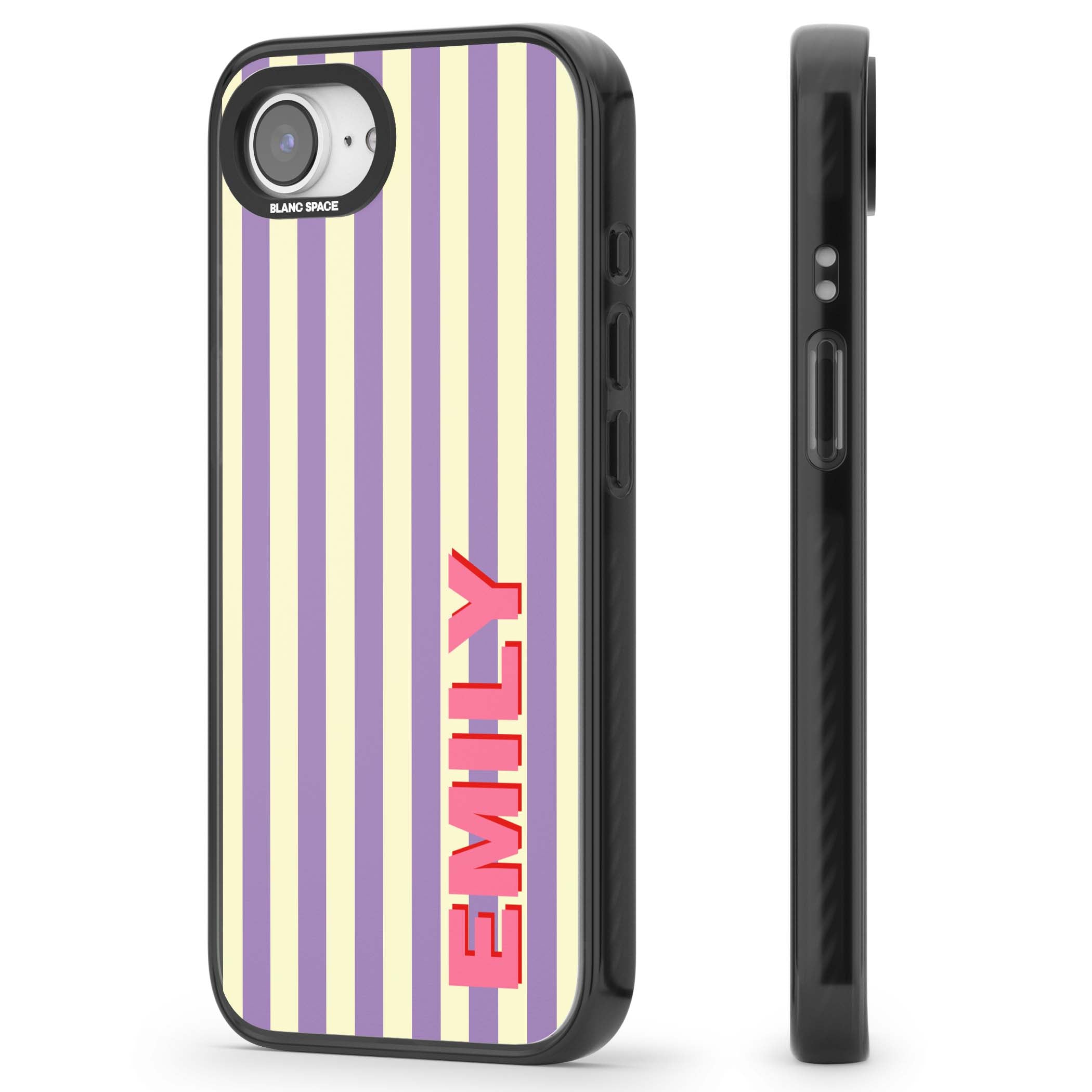 Valensole Stripe personalised iPhone case with purple and cream vertical stripes and pink custom name | Black Impact Magsafe case for iPhone 16e, iPhone 17e