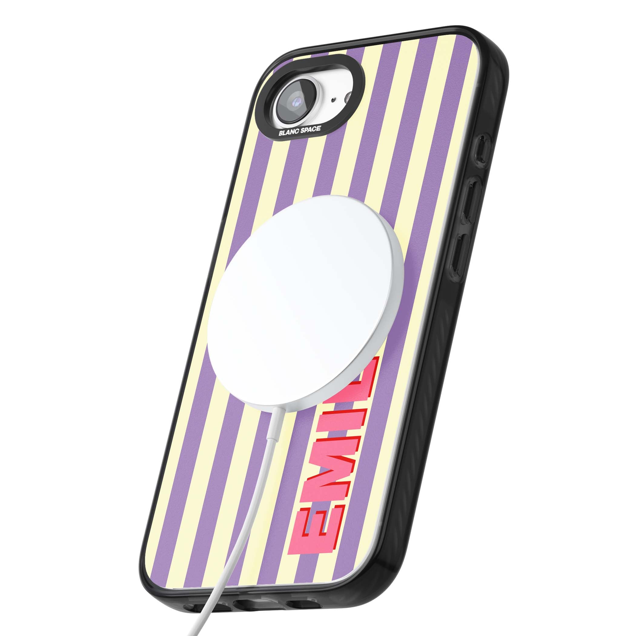 Valensole Stripe personalised iPhone case with purple and cream vertical stripes and pink custom name | Black Impact Magsafe case for iPhone 16e, iPhone 17e
