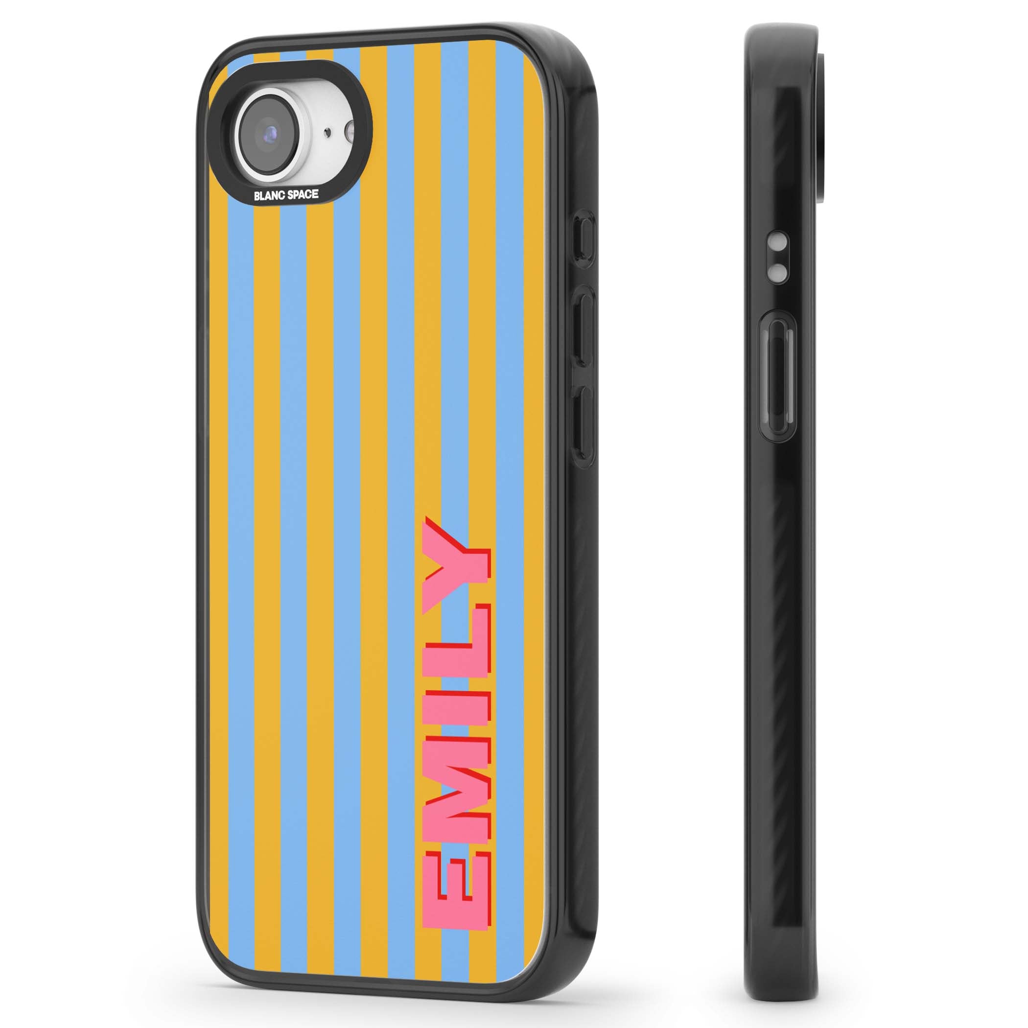 Carribean Stripe personalised coastal iPhone case with yellow and blue vertical stripes and a custom pink name | Black Impact Magsafe case for iPhone 16e, iPhone 17e