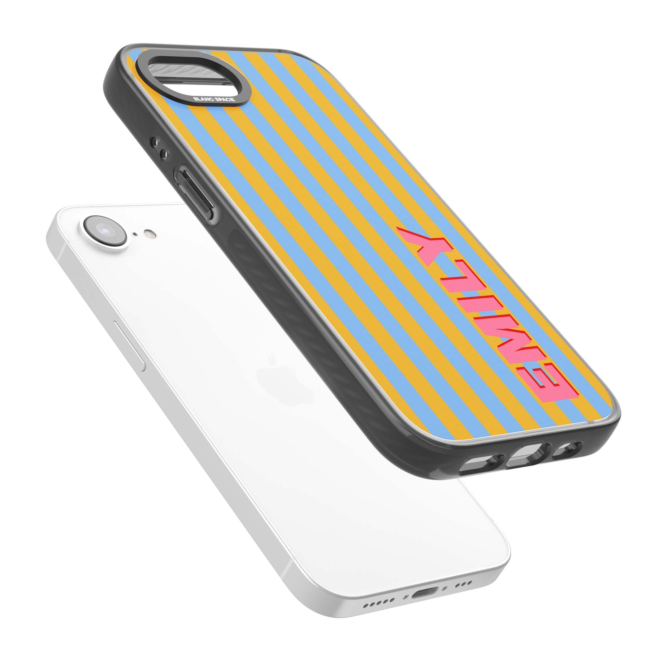 Carribean Stripe personalised coastal iPhone case with yellow and blue vertical stripes and a custom pink name | Black Impact Magsafe case for iPhone 16e, iPhone 17e