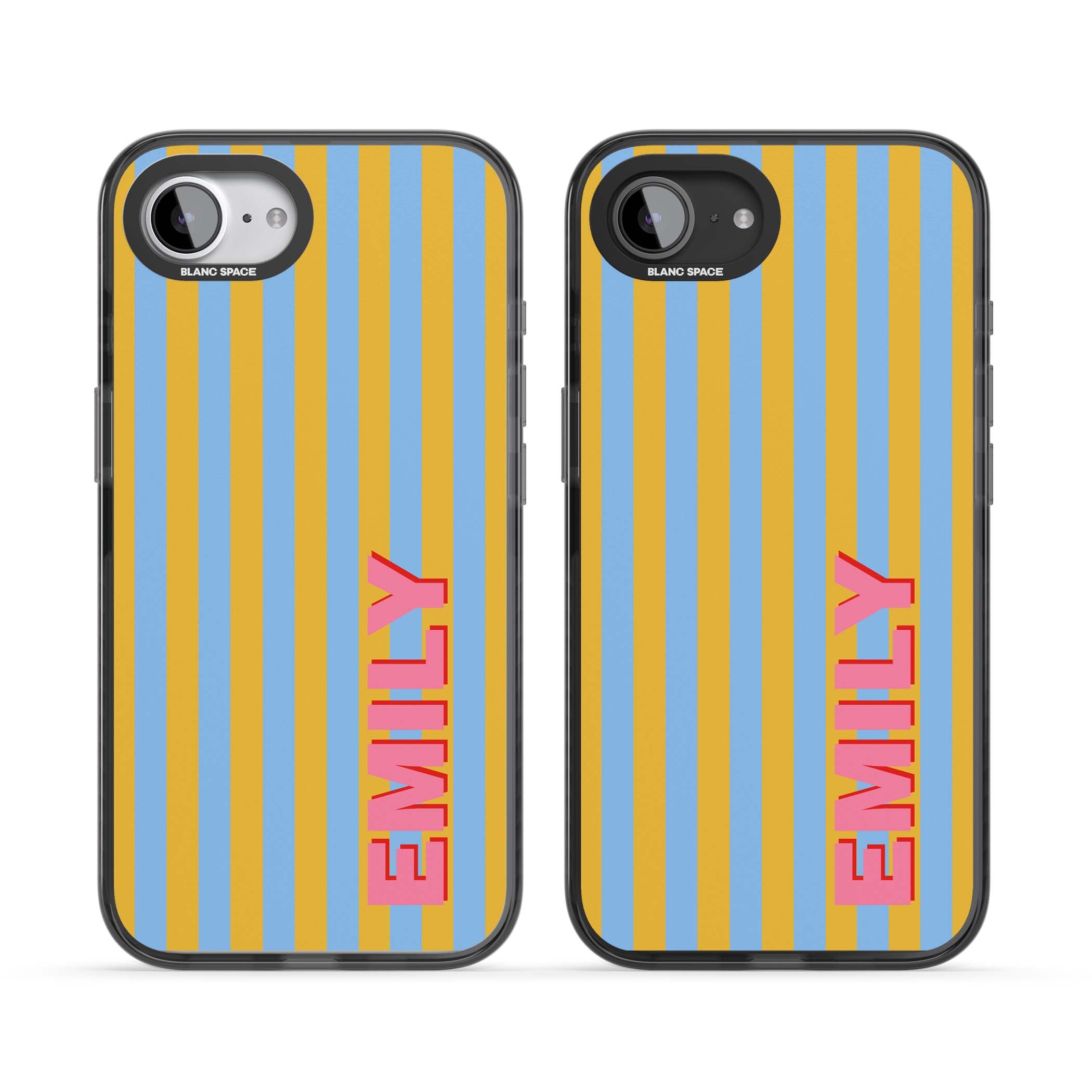 Carribean Stripe personalised coastal iPhone case with yellow and blue vertical stripes and a custom pink name | Black Impact Magsafe case for iPhone 16e, iPhone 17e