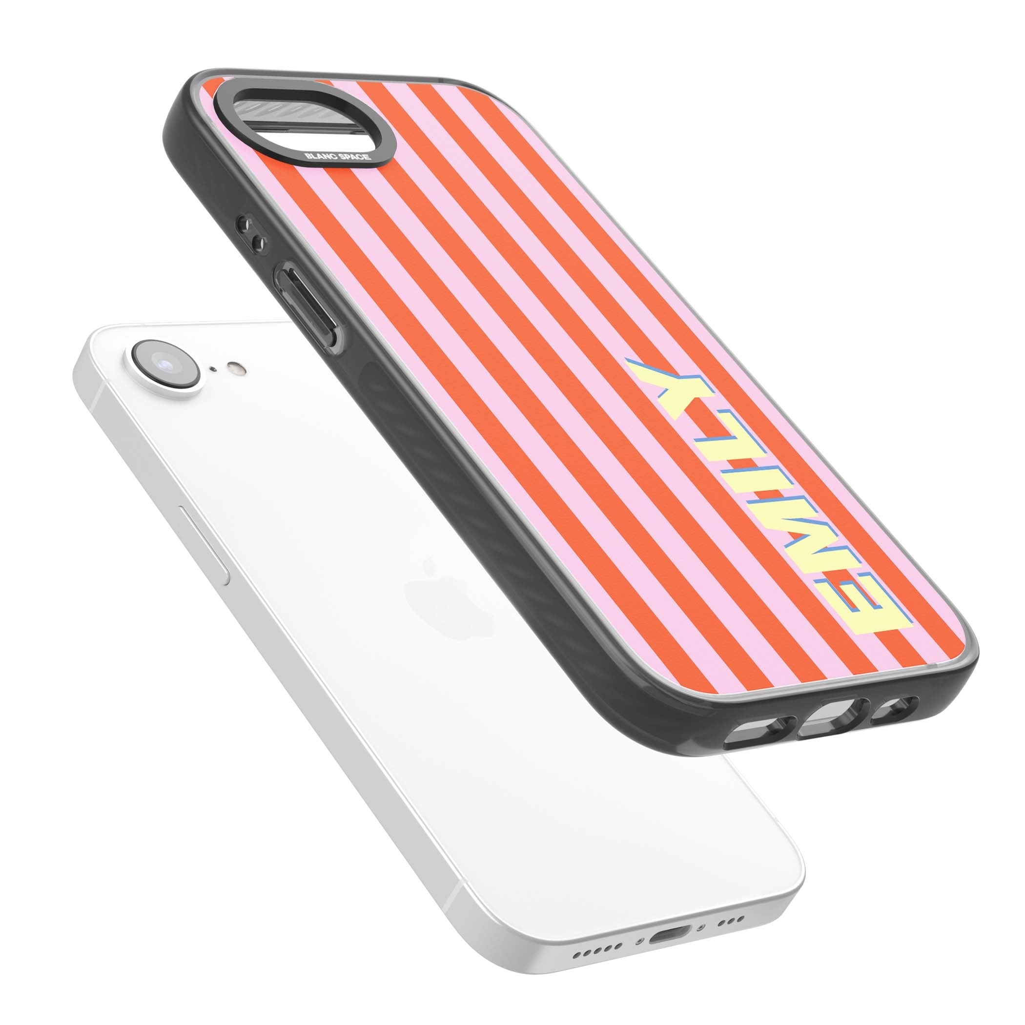 Havana Stripe personalised iPhone case featuring pink and orange vertical stripes with a custom yellow name | Black Impact Magsafe case for iPhone 16e, iPhone 17e