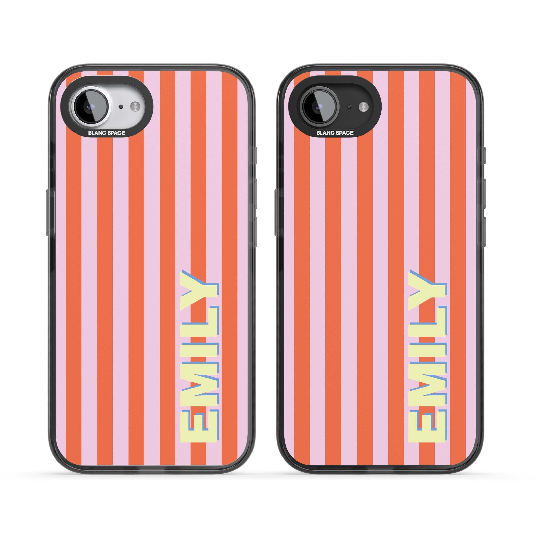 Havana Stripe personalised iPhone case featuring pink and orange vertical stripes with a custom yellow name | Black Impact Magsafe case for iPhone 16e, iPhone 17e