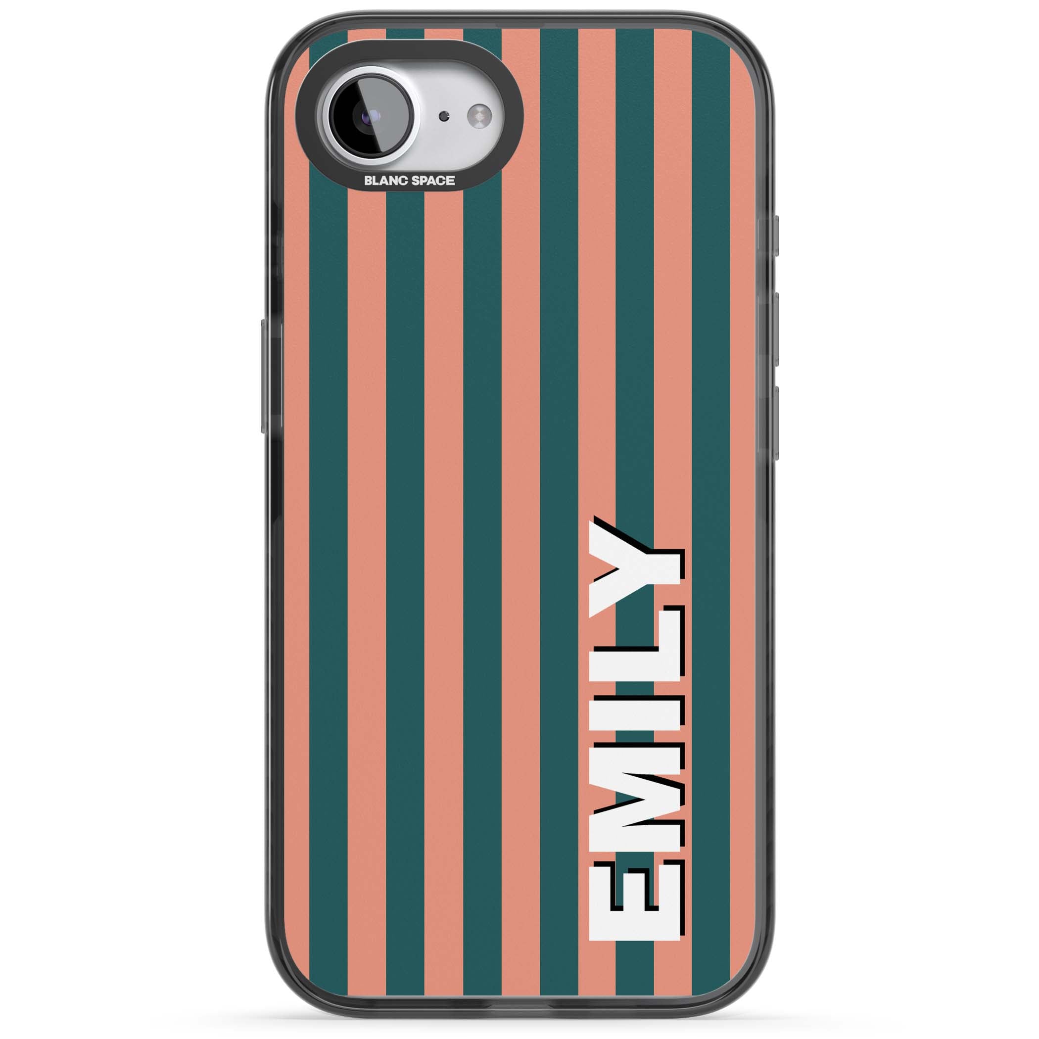 Tuscan Stripe personalised iPhone case featuring coral and green vertical stripes with bold custom name | Black Impact Magsafe case for iPhone 16e, iPhone 17e