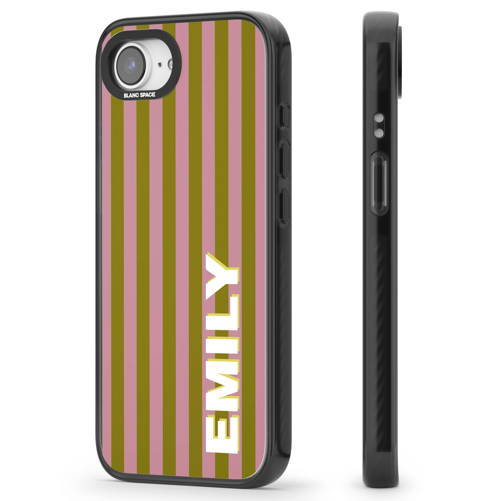 Istanbul Stripe personalised iPhone case featuring pink and olive green vertical stripes with a custom vertical name | Black Impact Magsafe case for iPhone 16e, iPhone 17e