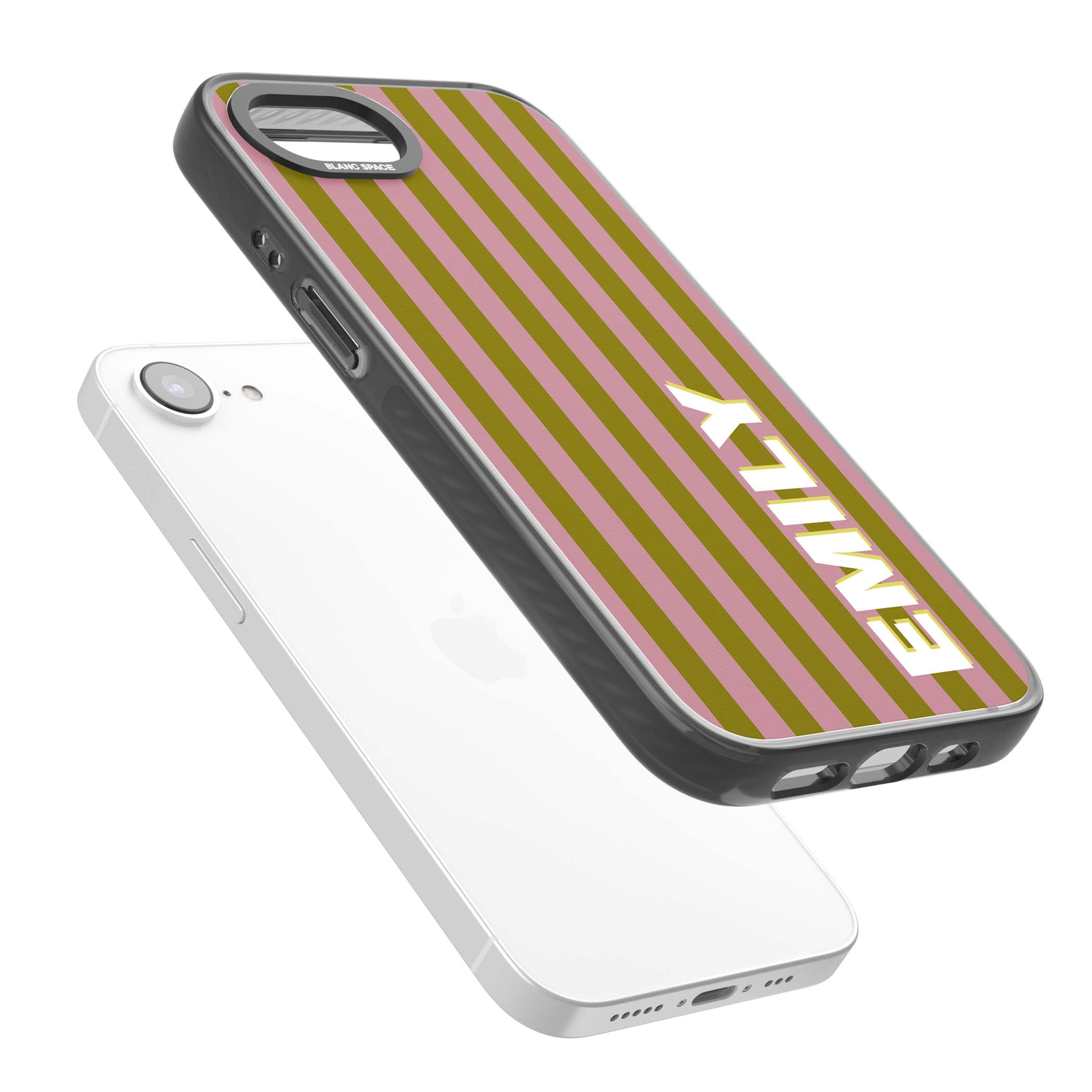 Istanbul Stripe personalised iPhone case featuring pink and olive green vertical stripes with a custom vertical name | Black Impact Magsafe case for iPhone 16e, iPhone 17e