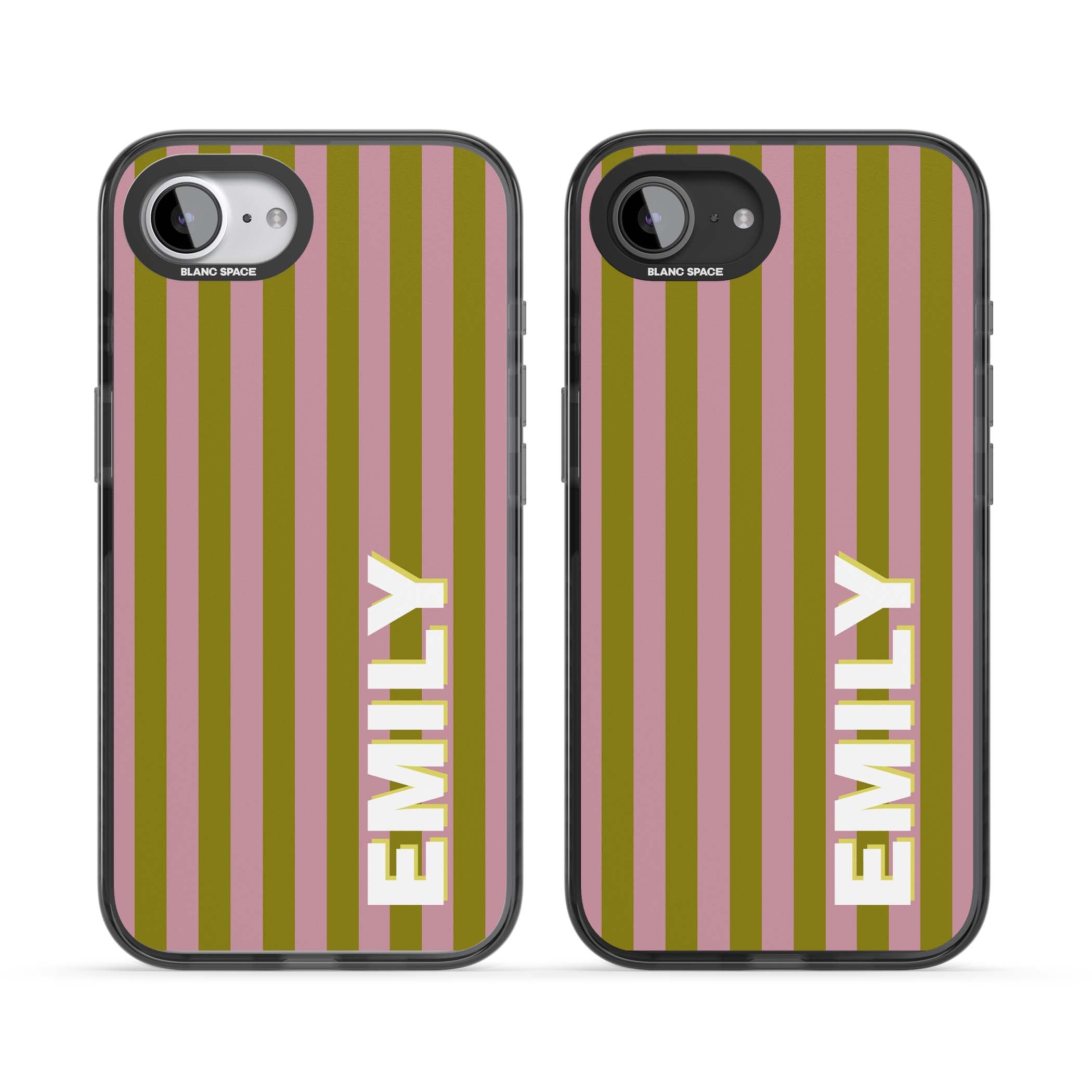 Istanbul Stripe personalised iPhone case featuring pink and olive green vertical stripes with a custom vertical name | Black Impact Magsafe case for iPhone 16e, iPhone 17e