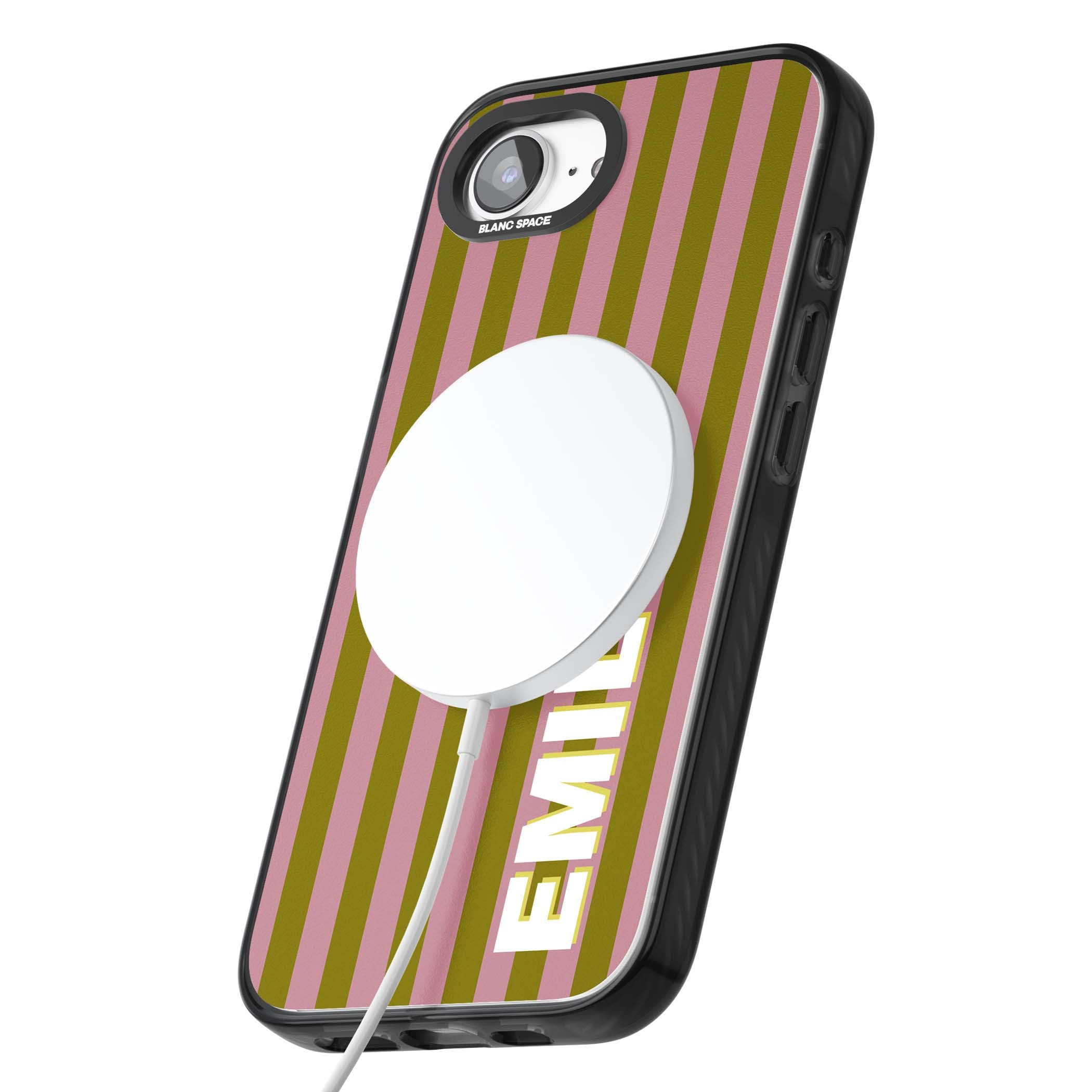 Istanbul Stripe personalised iPhone case featuring pink and olive green vertical stripes with a custom vertical name | Black Impact Magsafe case for iPhone 16e, iPhone 17e