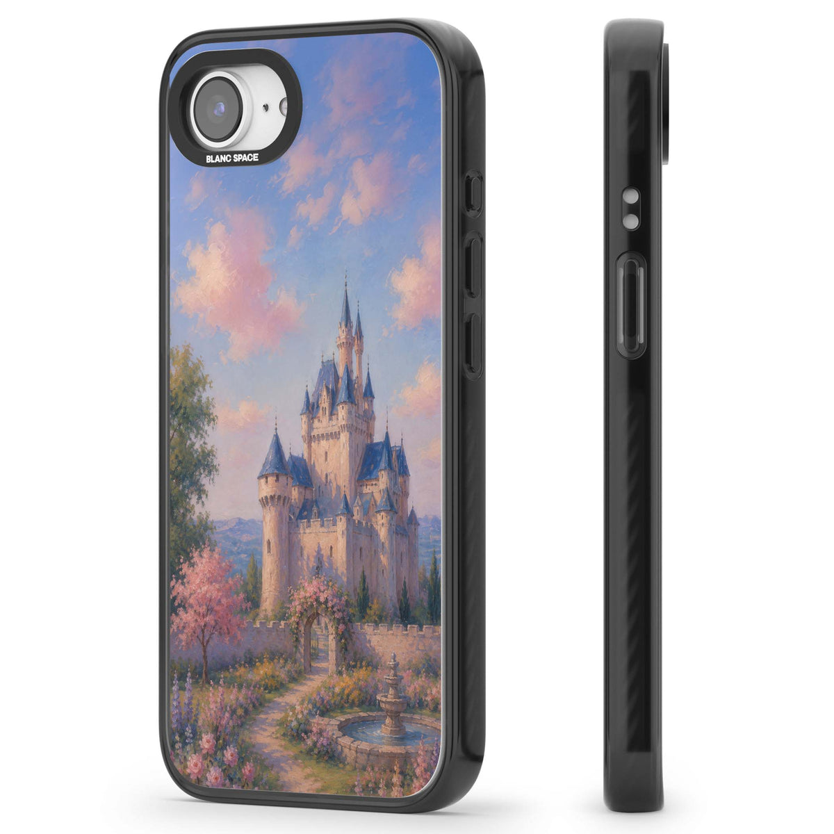 Enchanted Kingdom fairytale iPhone case featuring a romantic castle painting with cherry blossoms and pastel pink sky | Black Impact Magsafe case for iPhone 16e, iPhone 17e