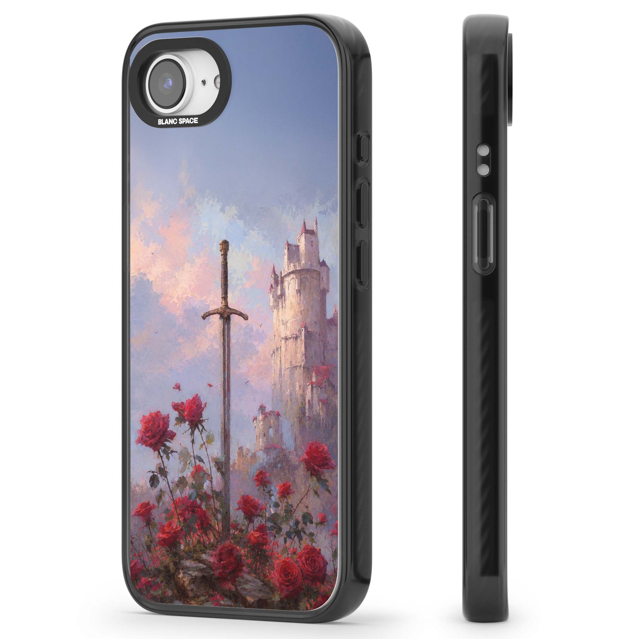 Sword in Roses medieval art iPhone case featuring a sword, red roses, and a misty fairytale castle at sunset | Black Impact Magsafe case for iPhone 16e, iPhone 17e