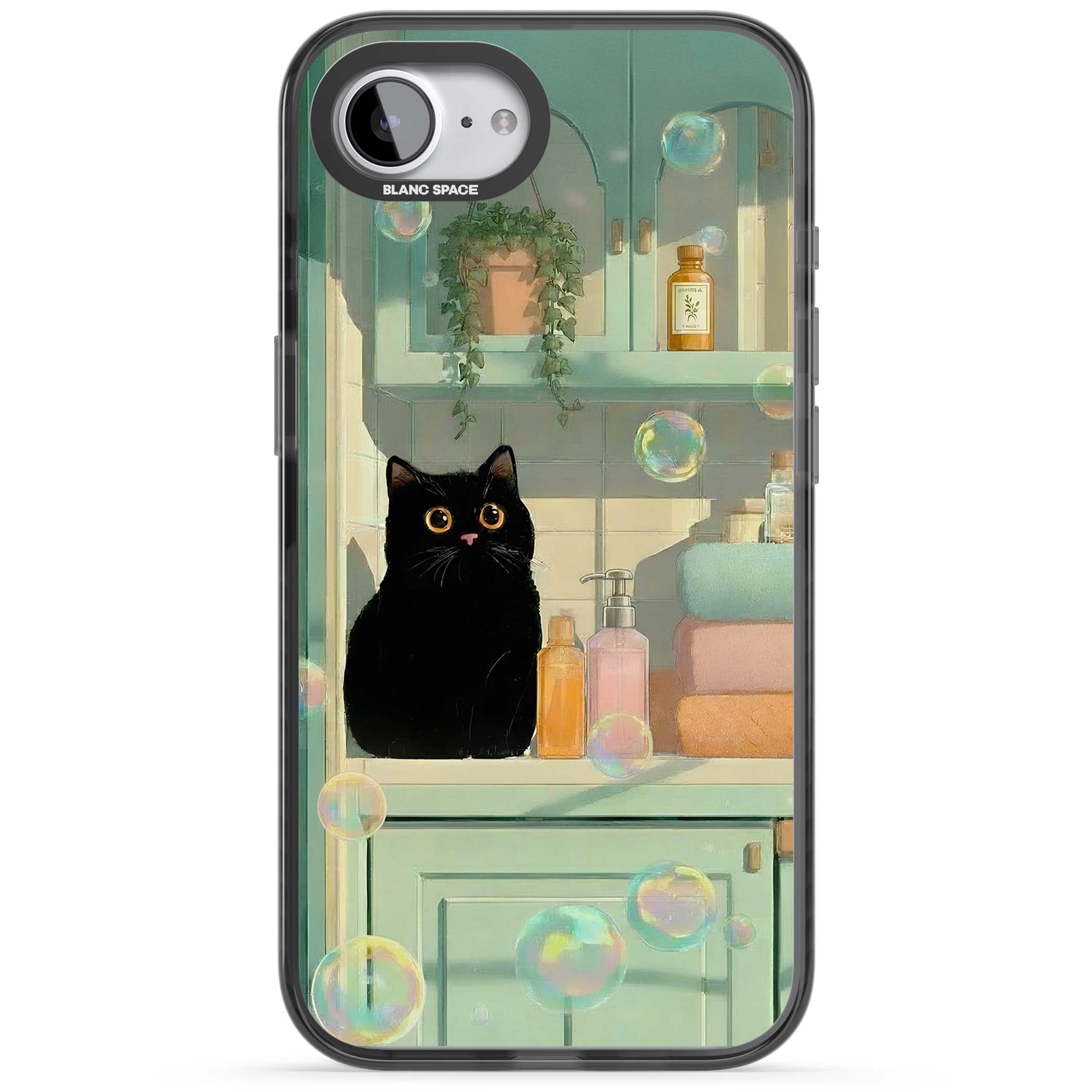 Bathroom Bubble Kitty cottagecore iPhone case featuring a black cat, mint bathroom scene and floating soap bubbles | Black Impact Magsafe case for iPhone 16e, iPhone 17e