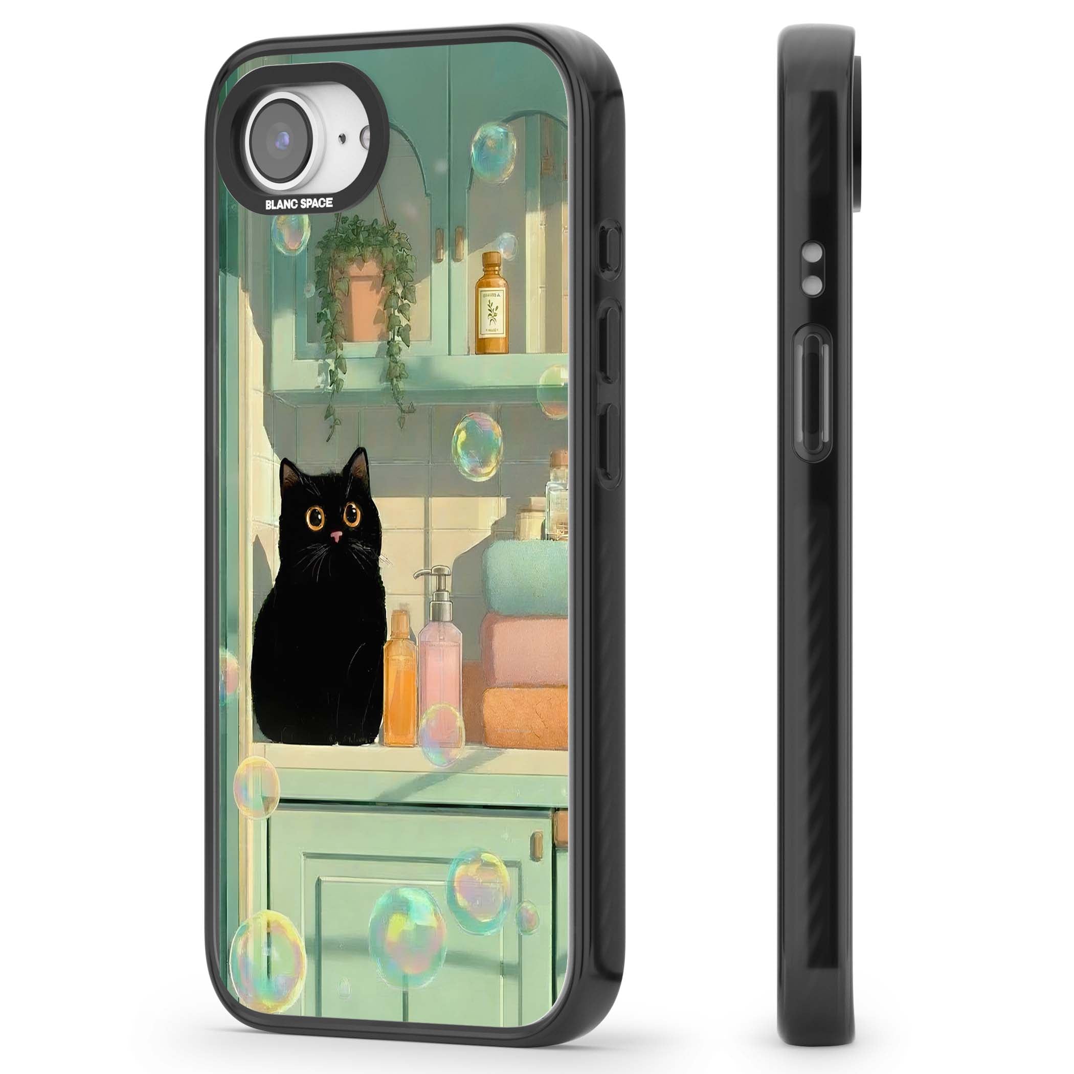 Bathroom Bubble Kitty cottagecore iPhone case featuring a black cat, mint bathroom scene and floating soap bubbles | Black Impact Magsafe case for iPhone 16e, iPhone 17e