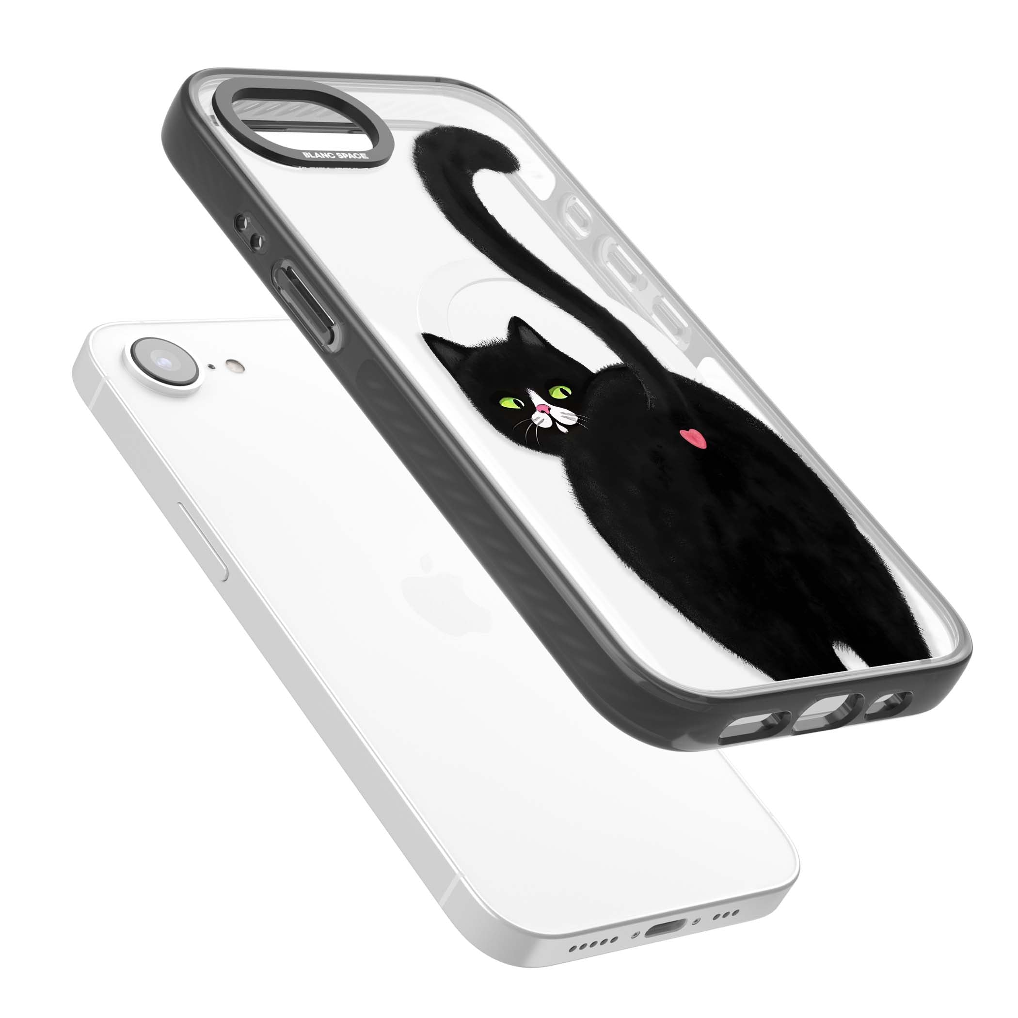 The Cat's Kiss cute cat iPhone case featuring a hand-painted tuxedo kitty with green eyes and a pink heart on a clear  | Black Impact Magsafe case for iPhone 16e, iPhone 17e