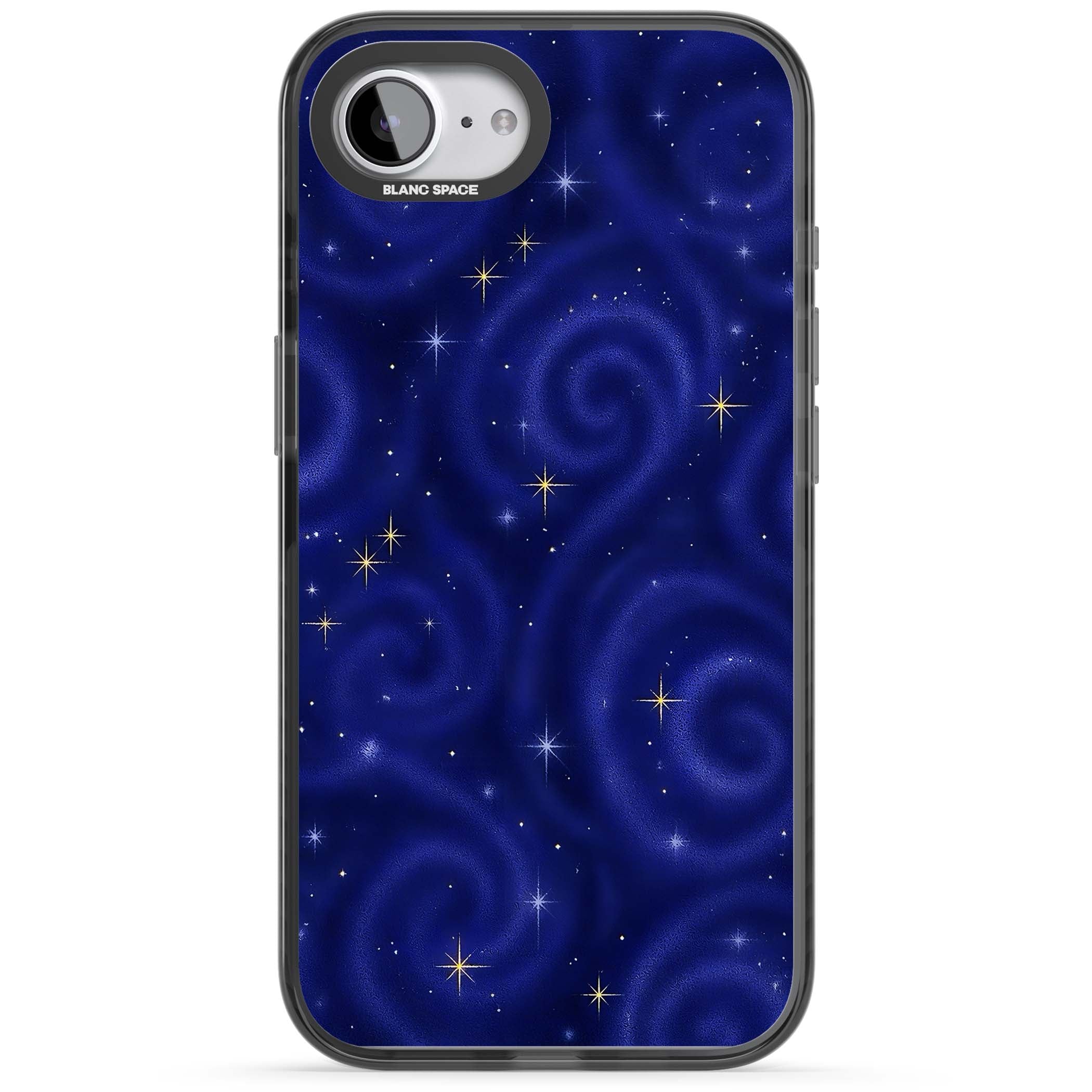 Indigo Cosmos celestial iPhone case featuring swirling navy night sky and sparkling golden stars | Black Impact Magsafe case for iPhone 16e, iPhone 17e