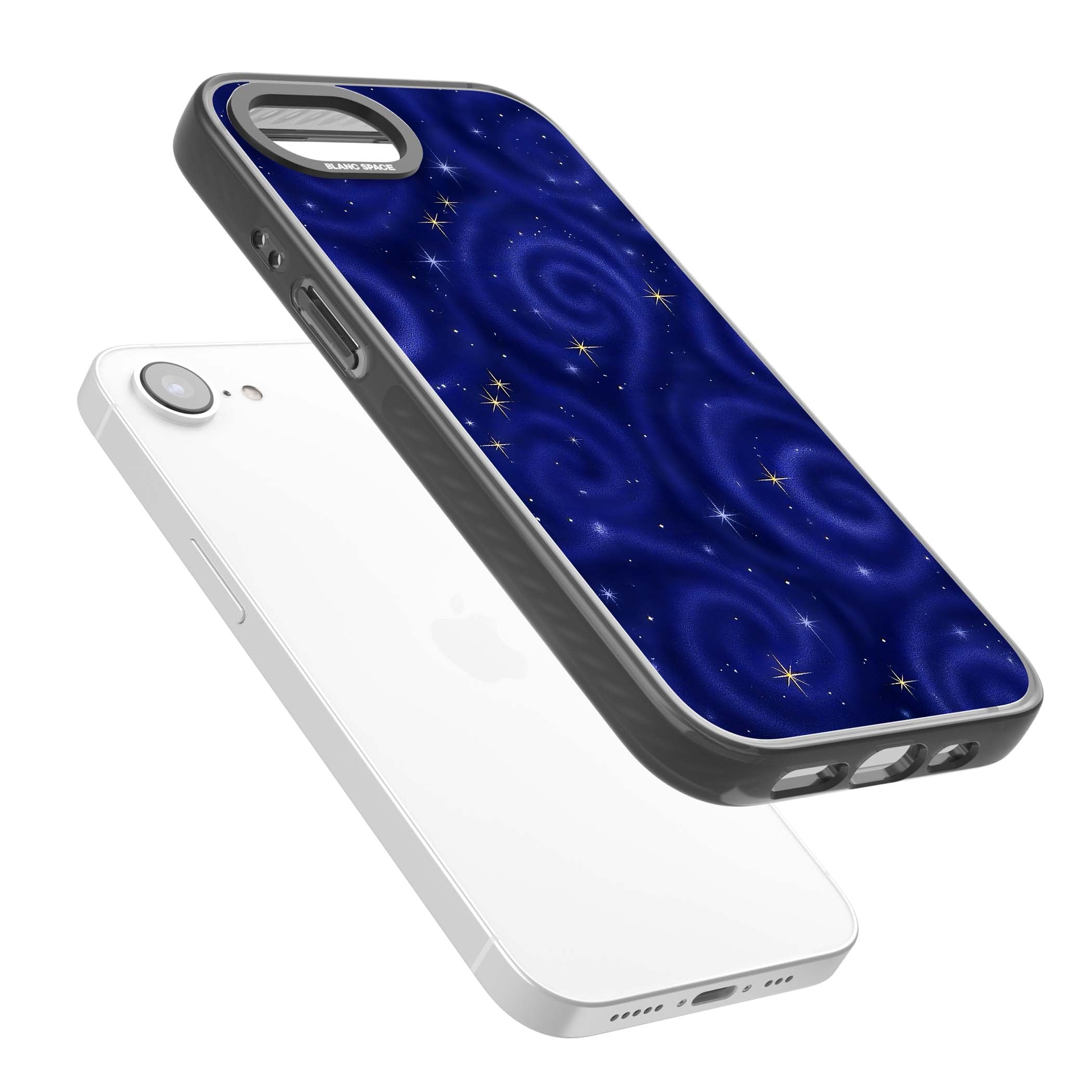 Indigo Cosmos celestial iPhone case featuring swirling navy night sky and sparkling golden stars | Black Impact Magsafe case for iPhone 16e, iPhone 17e