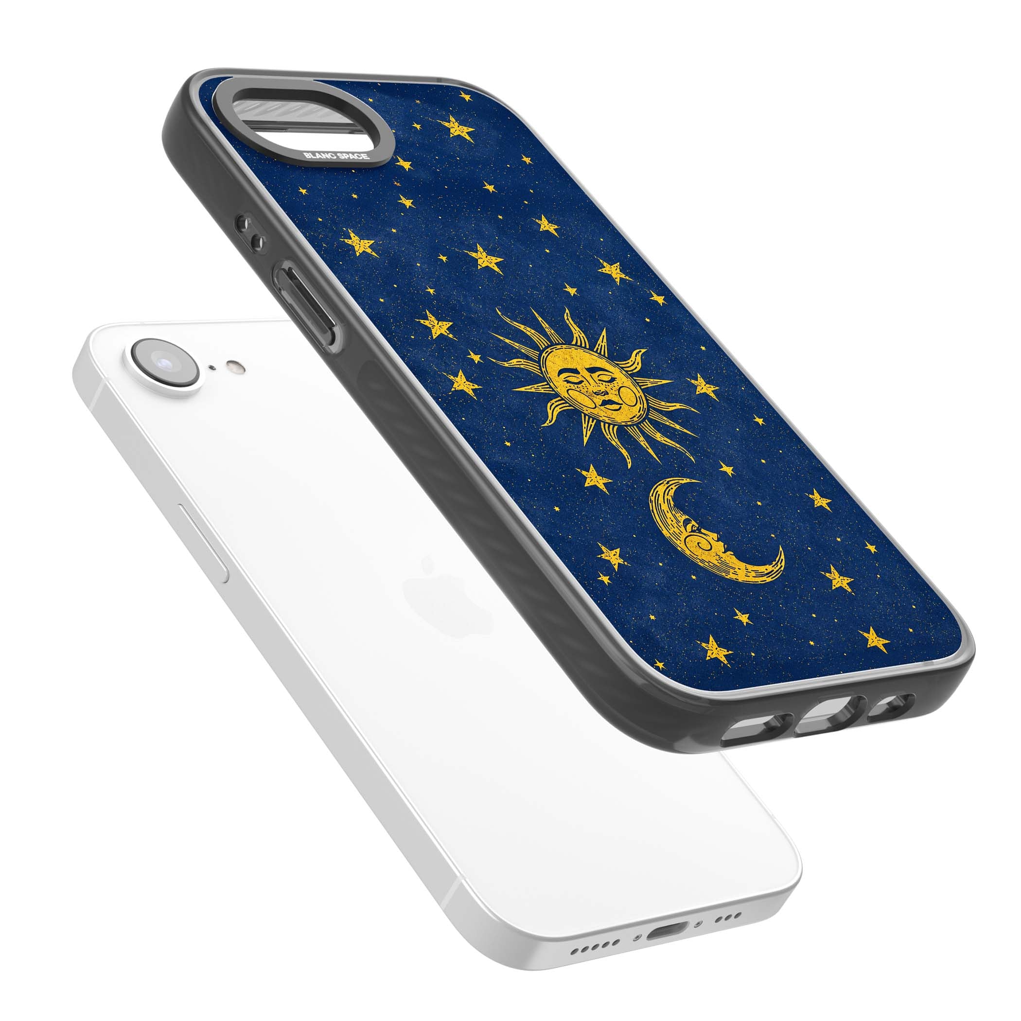 Sun & Moon Reverie celestial iPhone case featuring a vintage golden sun, crescent moon and scattered stars on midnight blue | Black Impact Magsafe case for iPhone 16e, iPhone 17e