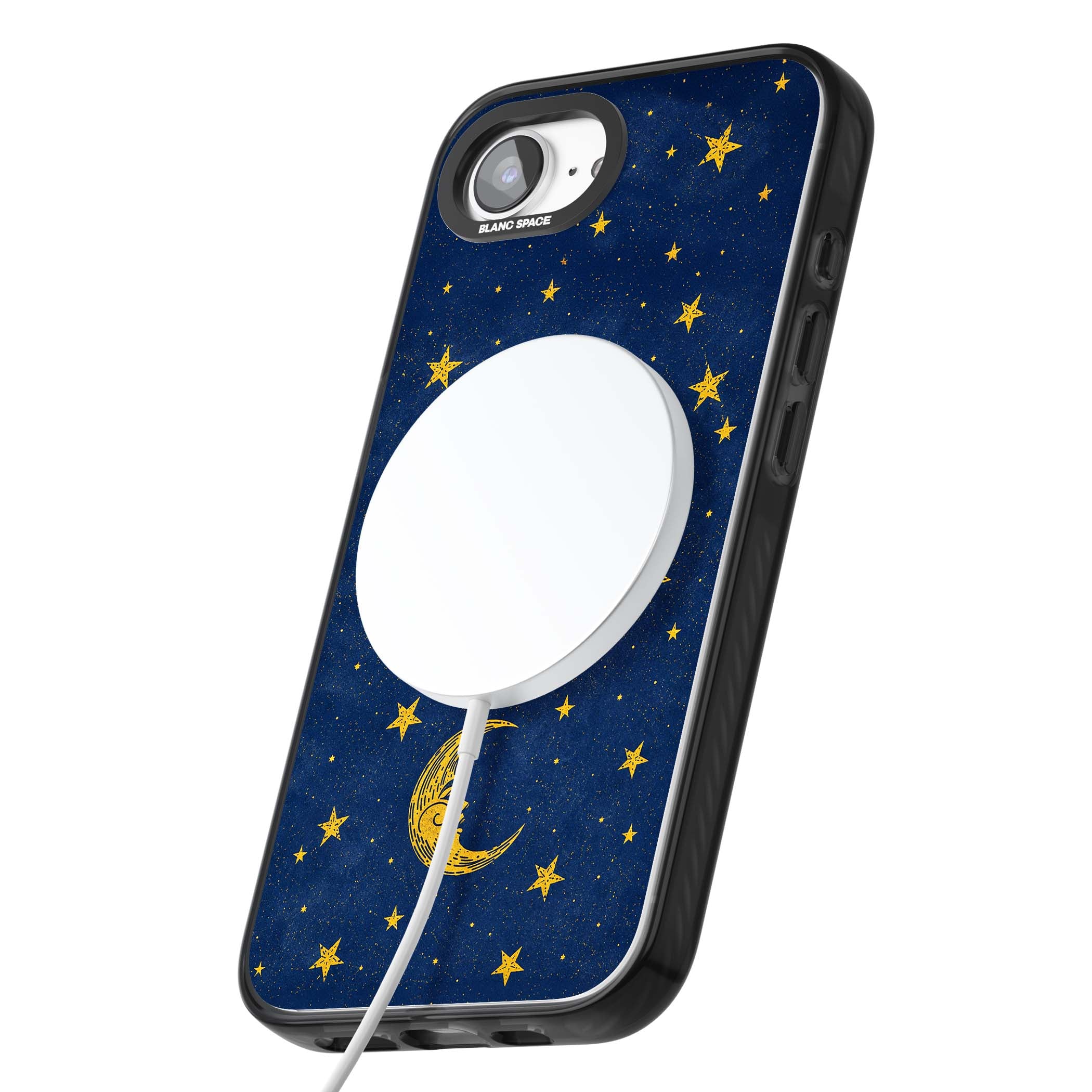 Sun & Moon Reverie celestial iPhone case featuring a vintage golden sun, crescent moon and scattered stars on midnight blue | Black Impact Magsafe case for iPhone 16e, iPhone 17e
