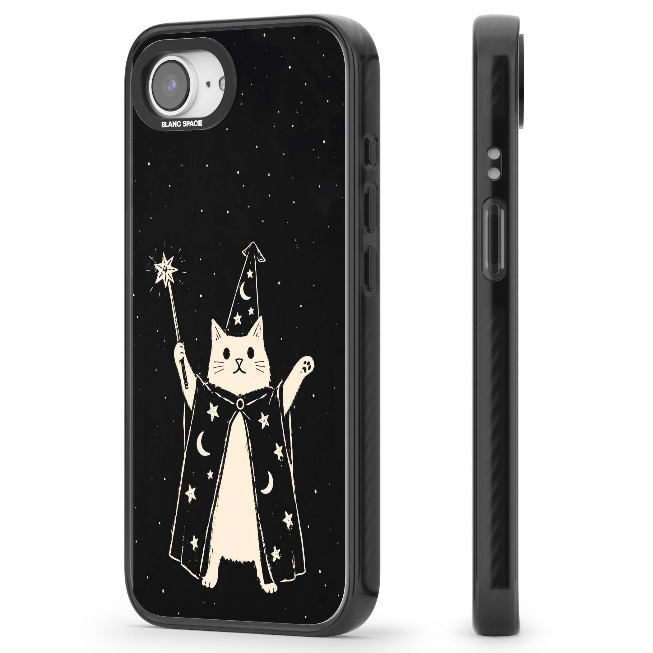 Whisker Wizard celestial cat iPhone case featuring a wizard cat with magic wand, starry night sky and crescent moons | Black Impact Magsafe case for iPhone 16e, iPhone 17e