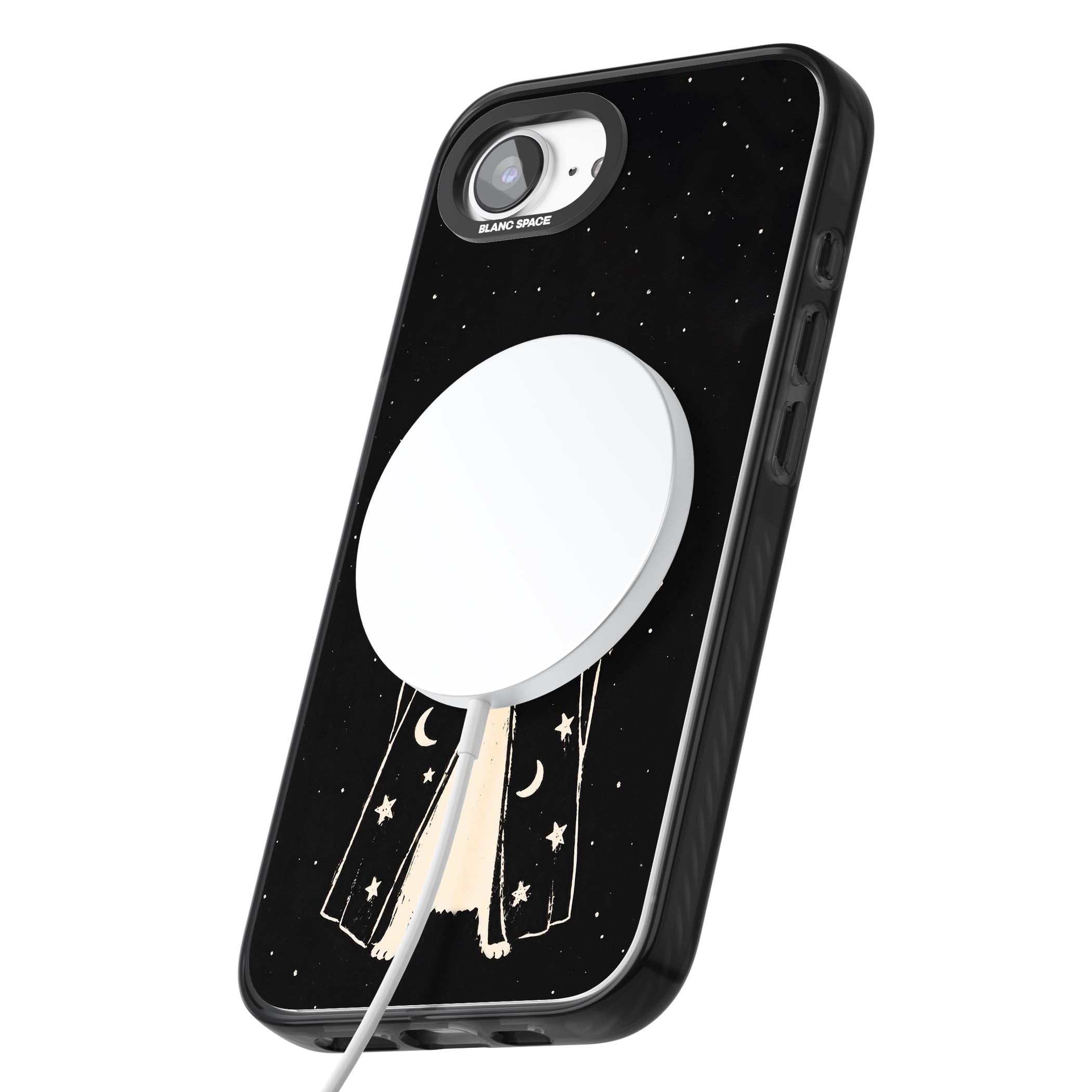 Whisker Wizard celestial cat iPhone case featuring a wizard cat with magic wand, starry night sky and crescent moons | Black Impact Magsafe case for iPhone 16e, iPhone 17e