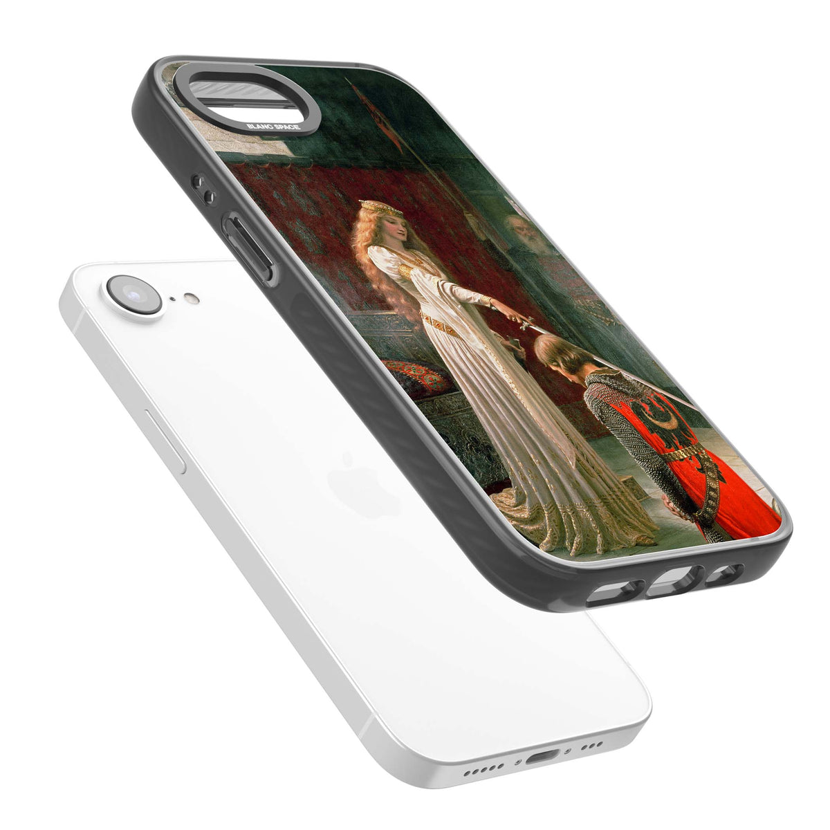 The Accolade renaissance art iPhone case featuring Edmund Blair Leighton's painting of a queen knighting a kneeling knight | Black Impact Magsafe case for iPhone 16e, iPhone 17e