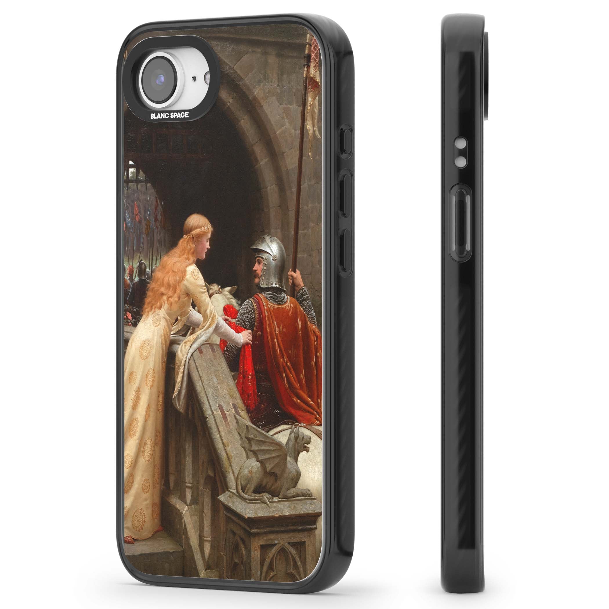 God Speed fine art iPhone case featuring Edmund Blair Leighton's medieval knight and lady beneath a stone archway | Black Impact Magsafe case for iPhone 16e, iPhone 17e