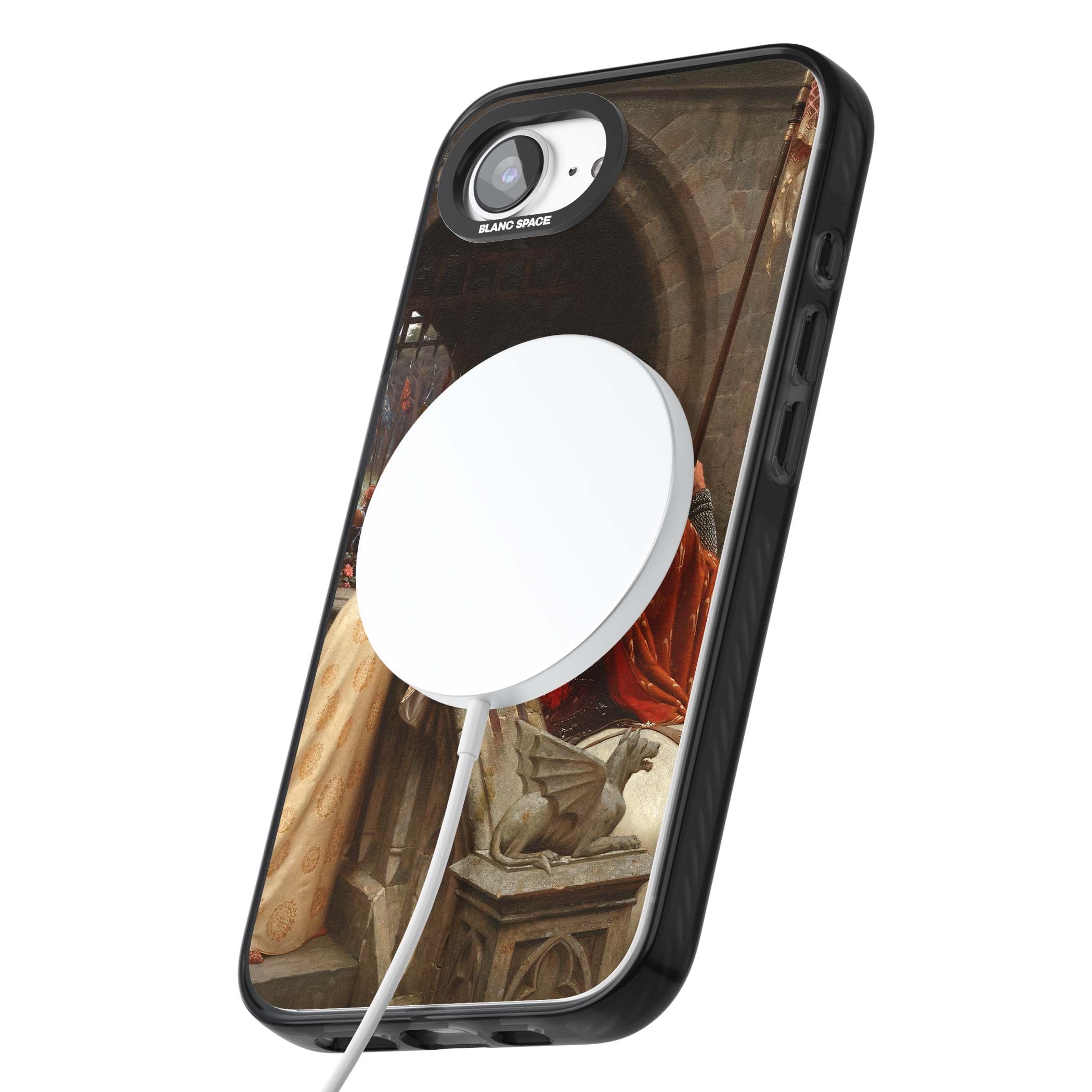 God Speed fine art iPhone case featuring Edmund Blair Leighton's medieval knight and lady beneath a stone archway | Black Impact Magsafe case for iPhone 16e, iPhone 17e