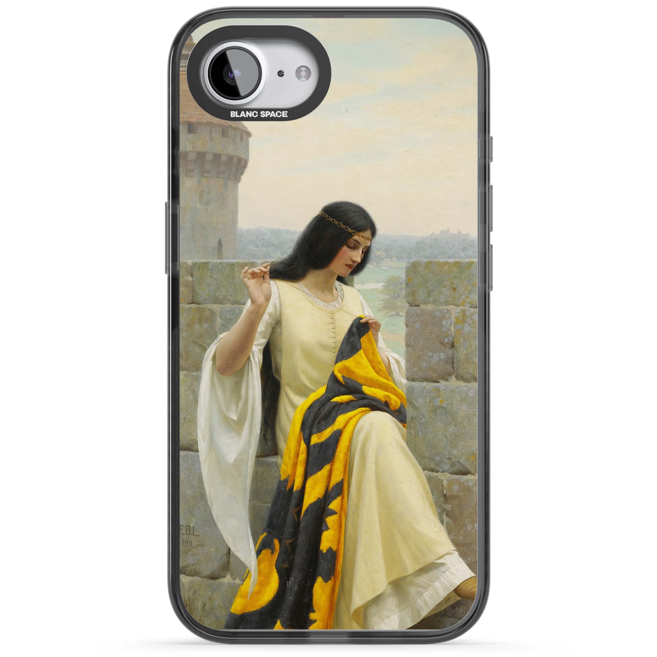 Stitching the Standard renaissance art iPhone case featuring a medieval lady sewing a golden banner on a castle wall | Black Impact Magsafe case for iPhone 16e, iPhone 17e