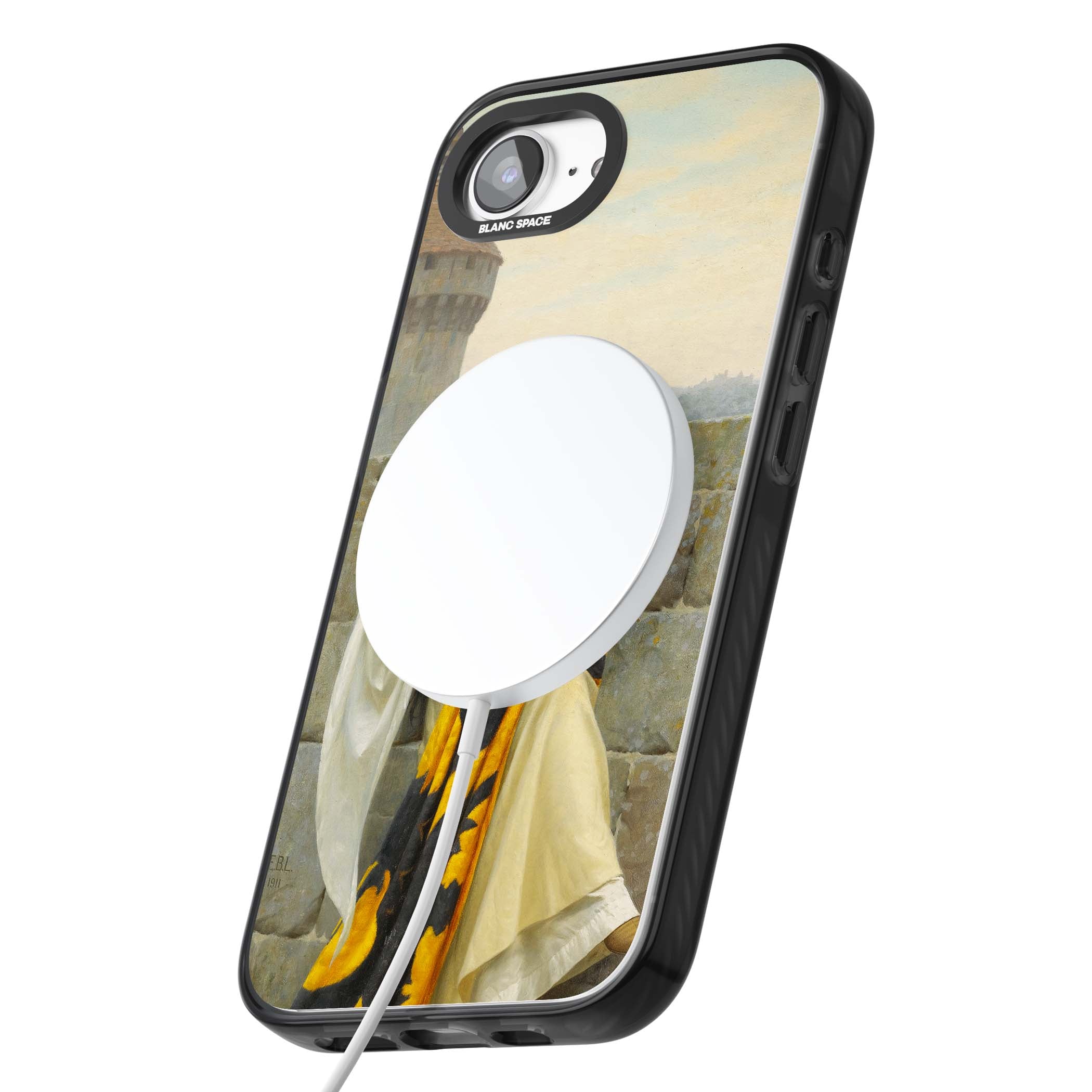 Stitching the Standard renaissance art iPhone case featuring a medieval lady sewing a golden banner on a castle wall | Black Impact Magsafe case for iPhone 16e, iPhone 17e
