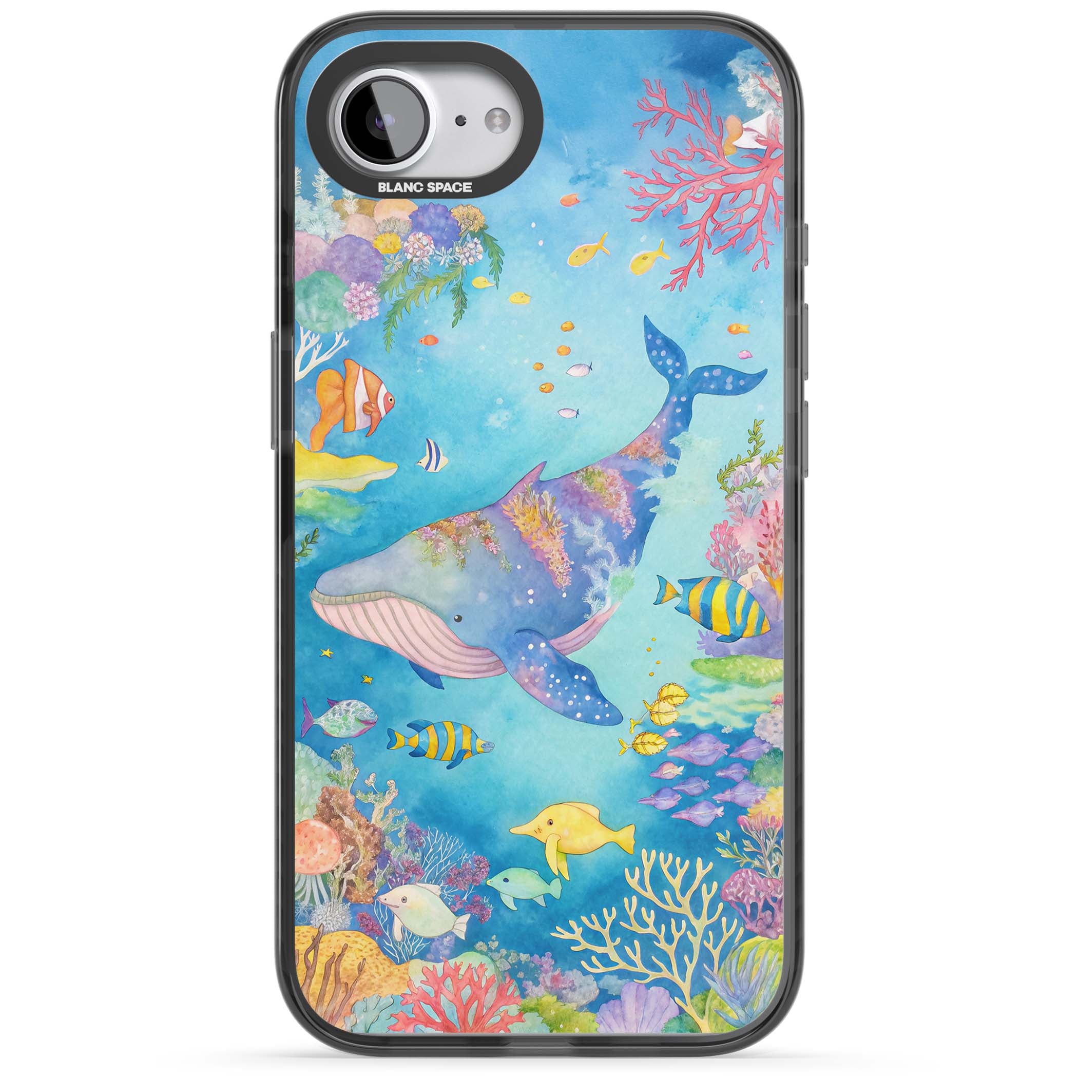 Coral Lagoon ocean iPhone case featuring a watercolour whale, coral reef and tropical fish | Black Impact Magsafe case for iPhone 16e, iPhone 17e