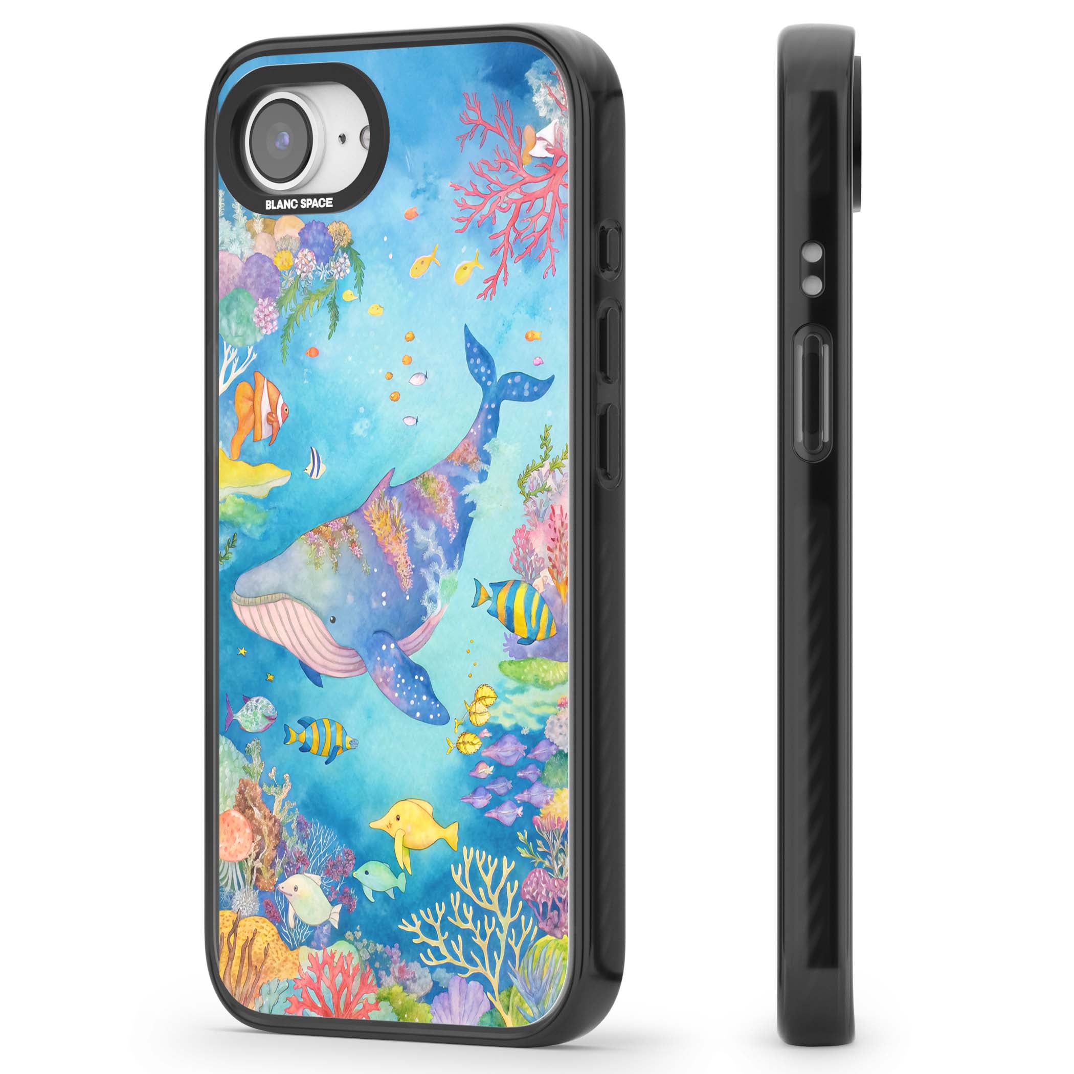 Coral Lagoon ocean iPhone case featuring a watercolour whale, coral reef and tropical fish | Black Impact Magsafe case for iPhone 16e, iPhone 17e
