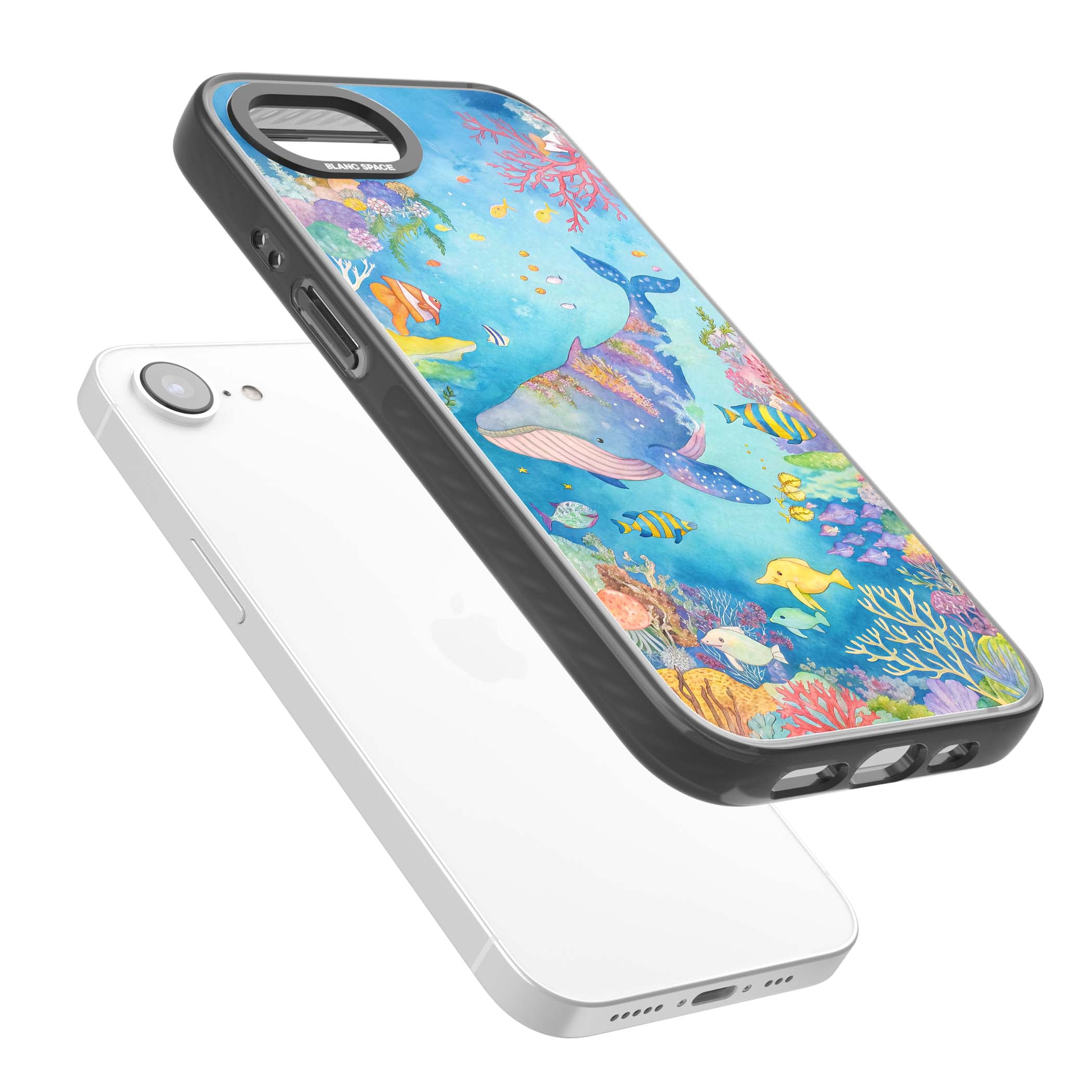 Coral Lagoon ocean iPhone case featuring a watercolour whale, coral reef and tropical fish | Black Impact Magsafe case for iPhone 16e, iPhone 17e