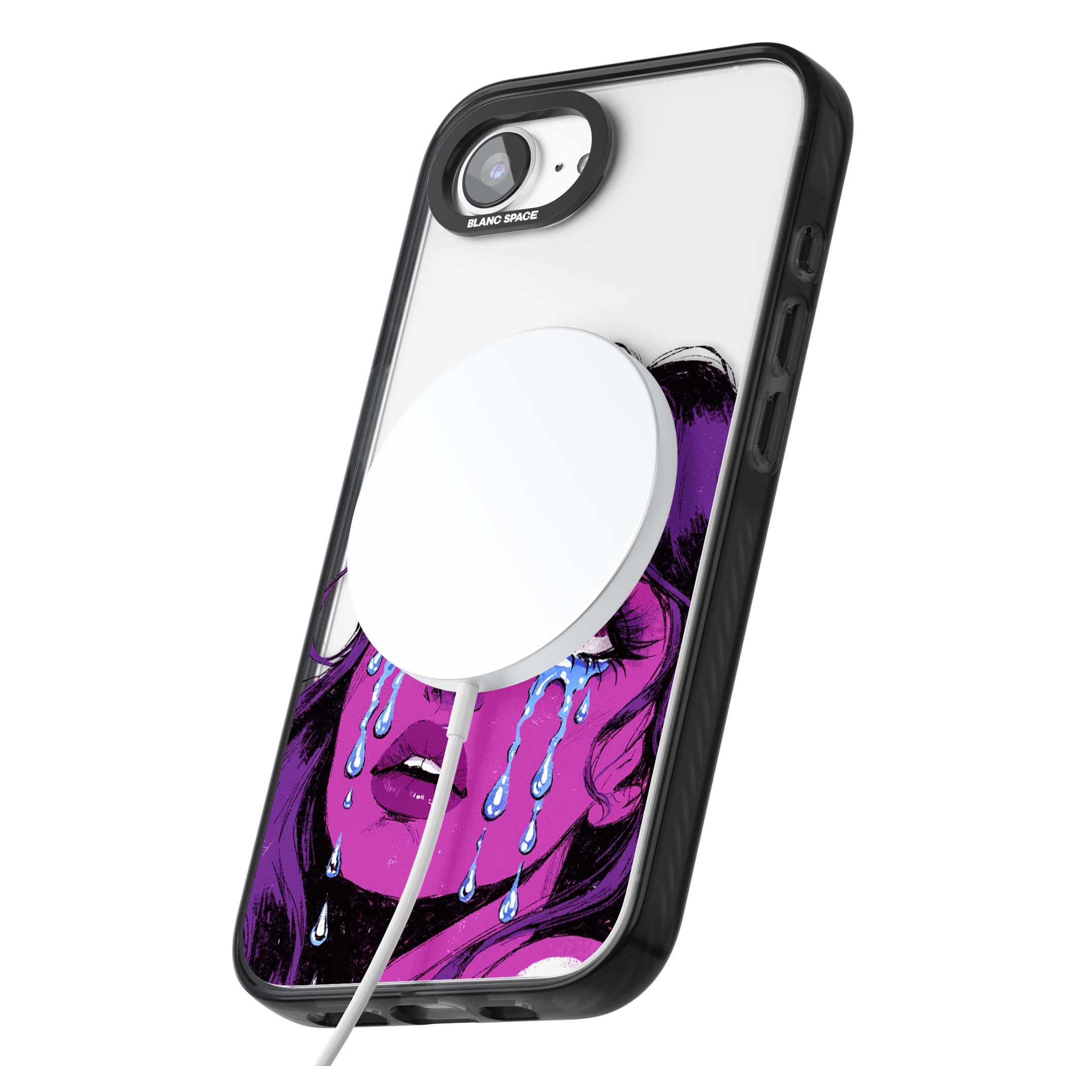 Drama Queen pop art iPhone case featuring a purple crying comic girl with blue tears | Black Impact Magsafe case for iPhone 16e, iPhone 17e