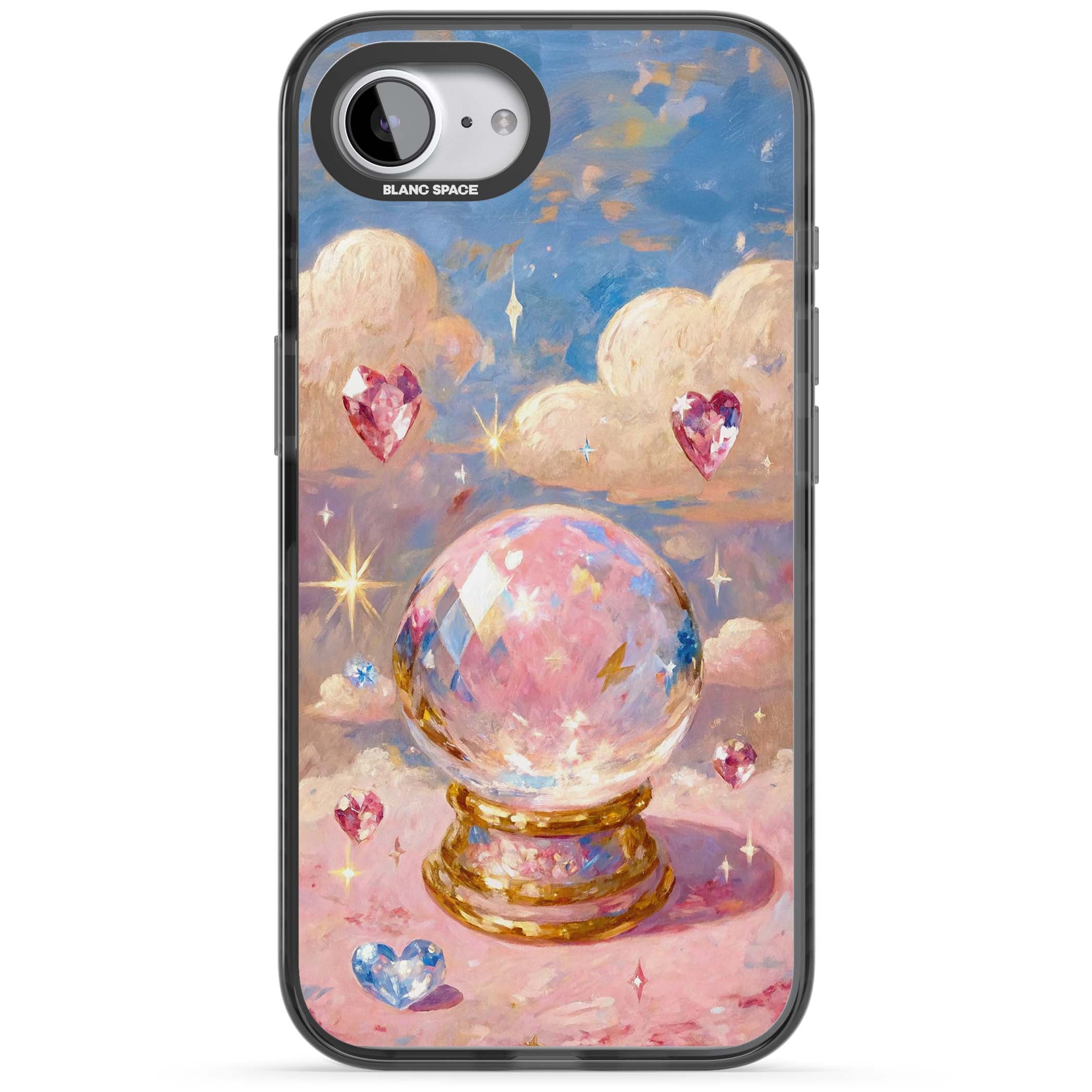 Crystal Ball fairycore iPhone case featuring a painted crystal ball, heart gemstones, and pastel clouds | Black Impact Magsafe case for iPhone 16e, iPhone 17e