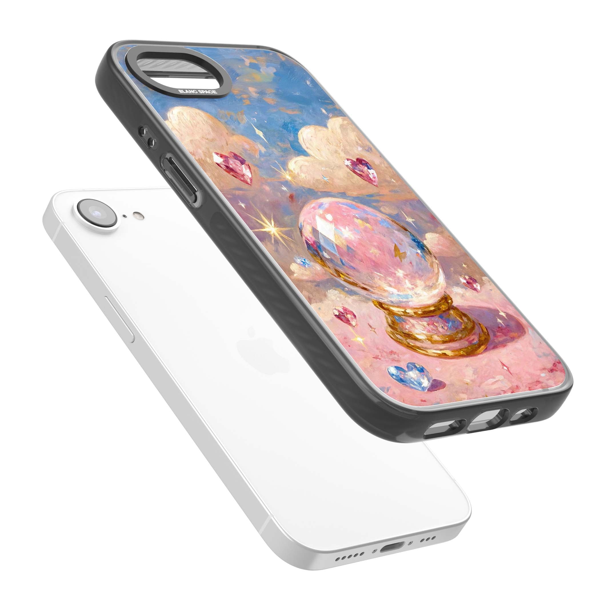 Crystal Ball fairycore iPhone case featuring a painted crystal ball, heart gemstones, and pastel clouds | Black Impact Magsafe case for iPhone 16e, iPhone 17e