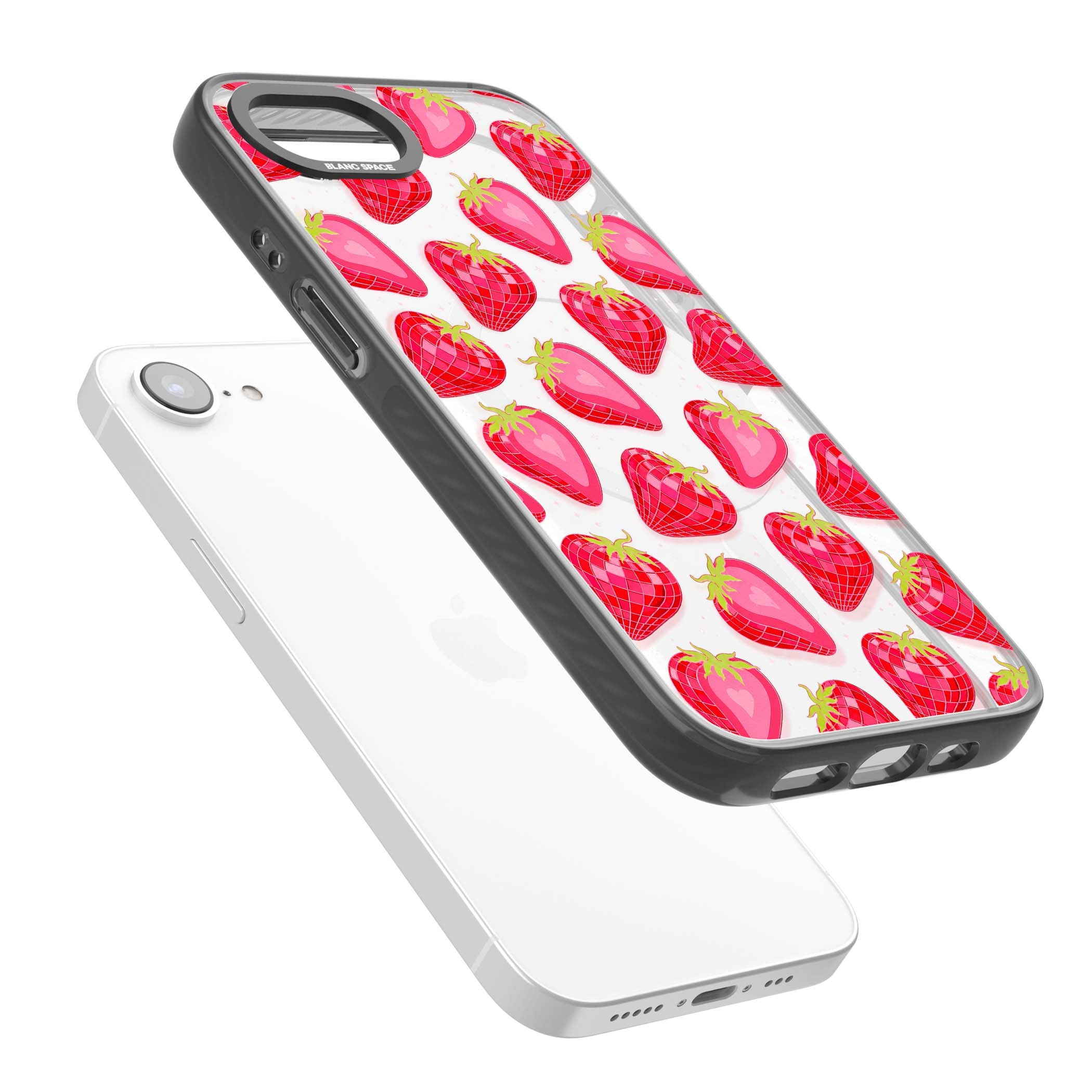 Disco Strawberry Y2K iPhone case featuring pink disco-ball strawberries, green leaves and tiny sparkles | Black Impact Magsafe case for iPhone 16e, iPhone 17e