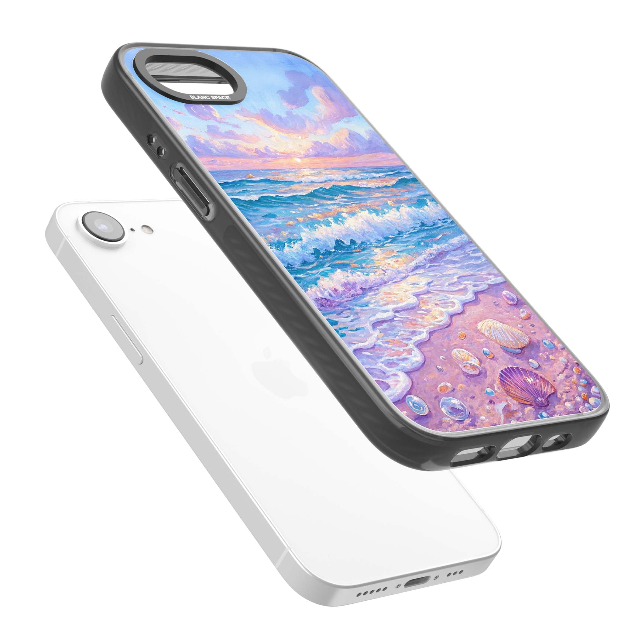 Pearl Shore coastal iPhone case featuring pastel painted waves, seashells, and a sunrise sky over a lavender beach. | Black Impact Magsafe case for iPhone 16e, iPhone 17e