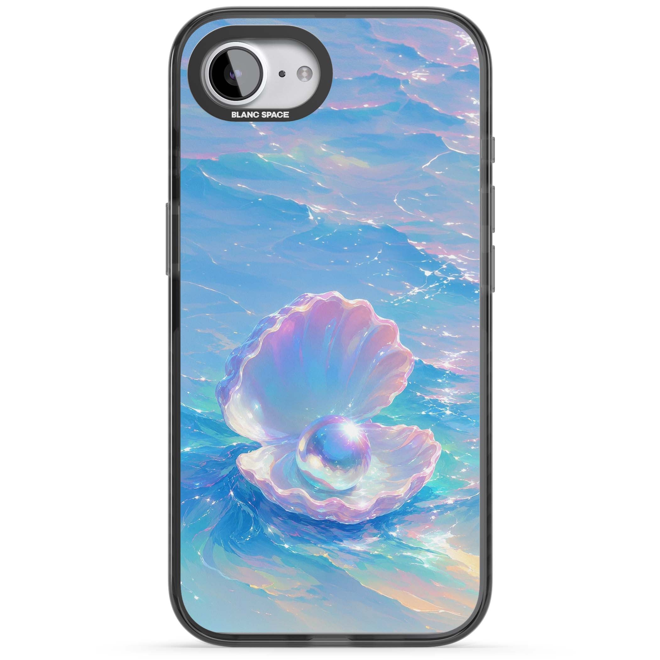 The Pearl Clam mermaidcore iPhone case featuring iridescent seashell, glowing pearl and pastel ocean waves | Black Impact Magsafe case for iPhone 16e, iPhone 17e